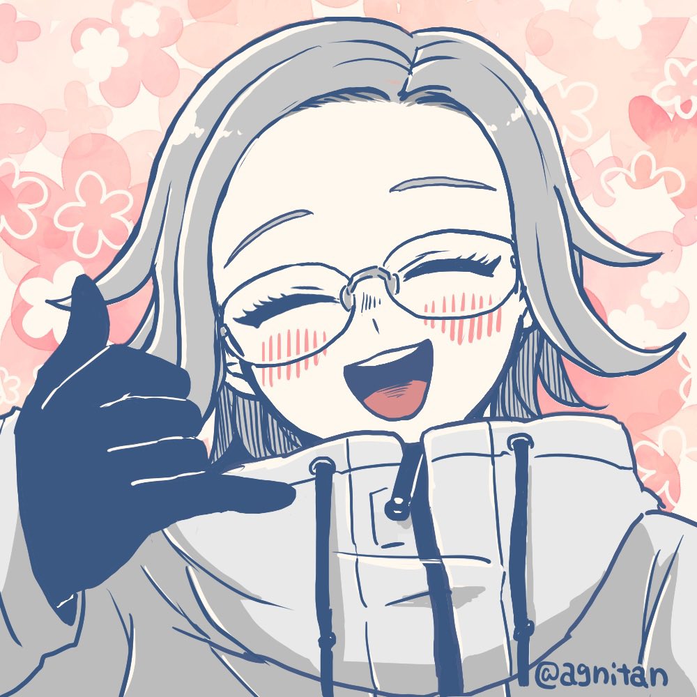 pattynadi, aotsuki eito, the hundred line -last defense academy-, commentary, 1boy, ^ ^, black gloves, blush, closed eyes, drawstring, facing viewer, glasses, gloves, grey hair, hand up, hatching (texture), jacket, linear hatching, male focus, pink background, portrait, shaka sign, short hair, solo, twitter username, white jacket, zipper pull tab