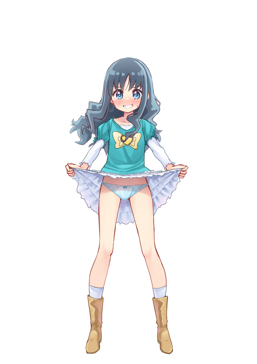 tenjou ryuka, kurumi erika, heartcatch precure!, precure, commentary, highres, 1girl, aqua shirt, blue eyes, blue hair, blue pants, blush, boots, bow, bow panties, brown boots, clothes lift, crotch seam, crown, frilled skirt, frills, full body, grin, layered sleeves, lifting own clothes, long hair, long sleeves, looking at viewer, mini crown, panties, pants, shirt, short over long sleeves, short sleeves, simple background, skirt, skirt lift, smile, socks, solo, standing, sweatdrop, underwear, white background, white shirt, white skirt, white socks