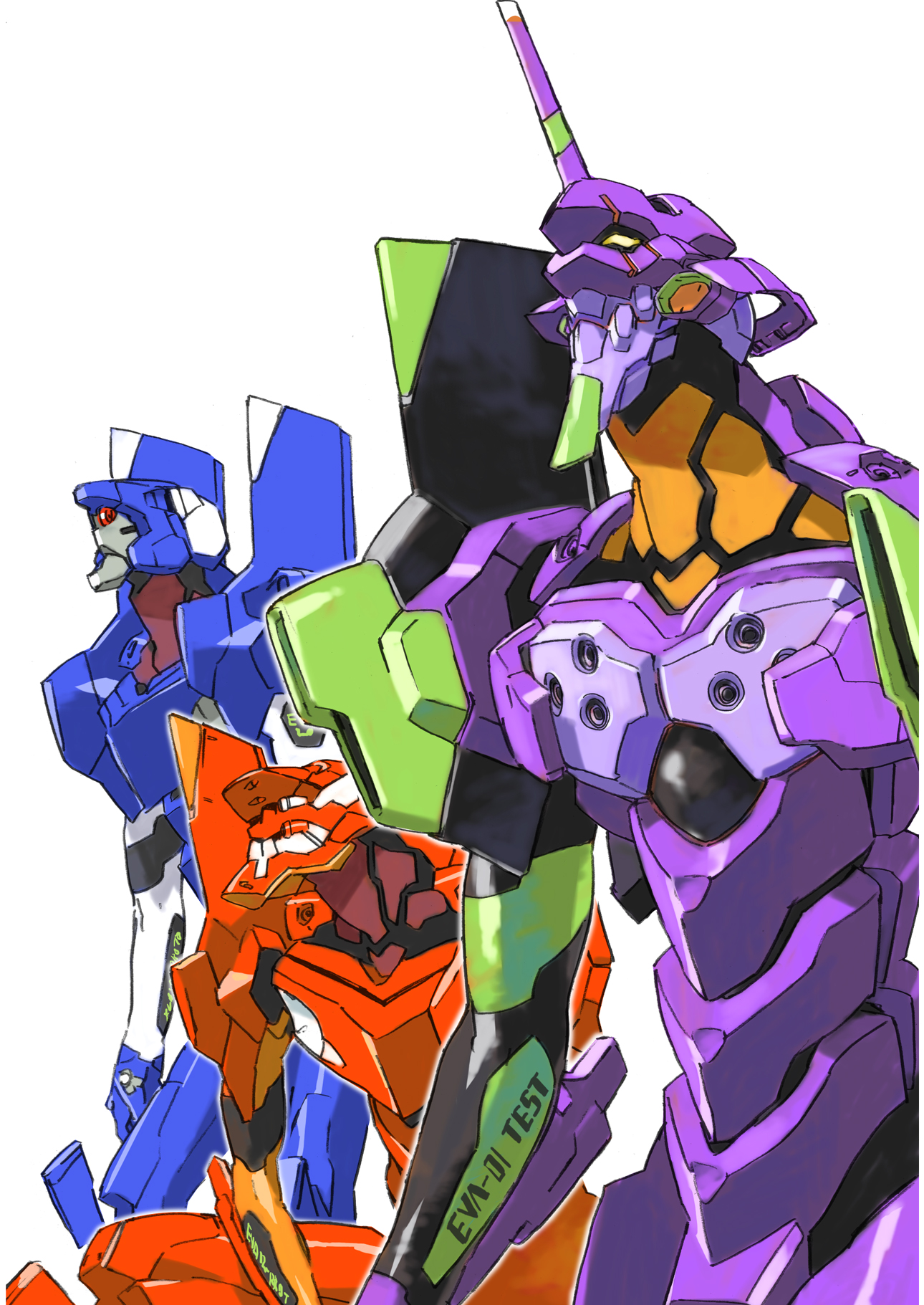 katou haruaki, eva 00, eva 01, eva 02, neon genesis evangelion, looking away, highres, looking afar, mecha, no humans, robot, sitting, standing