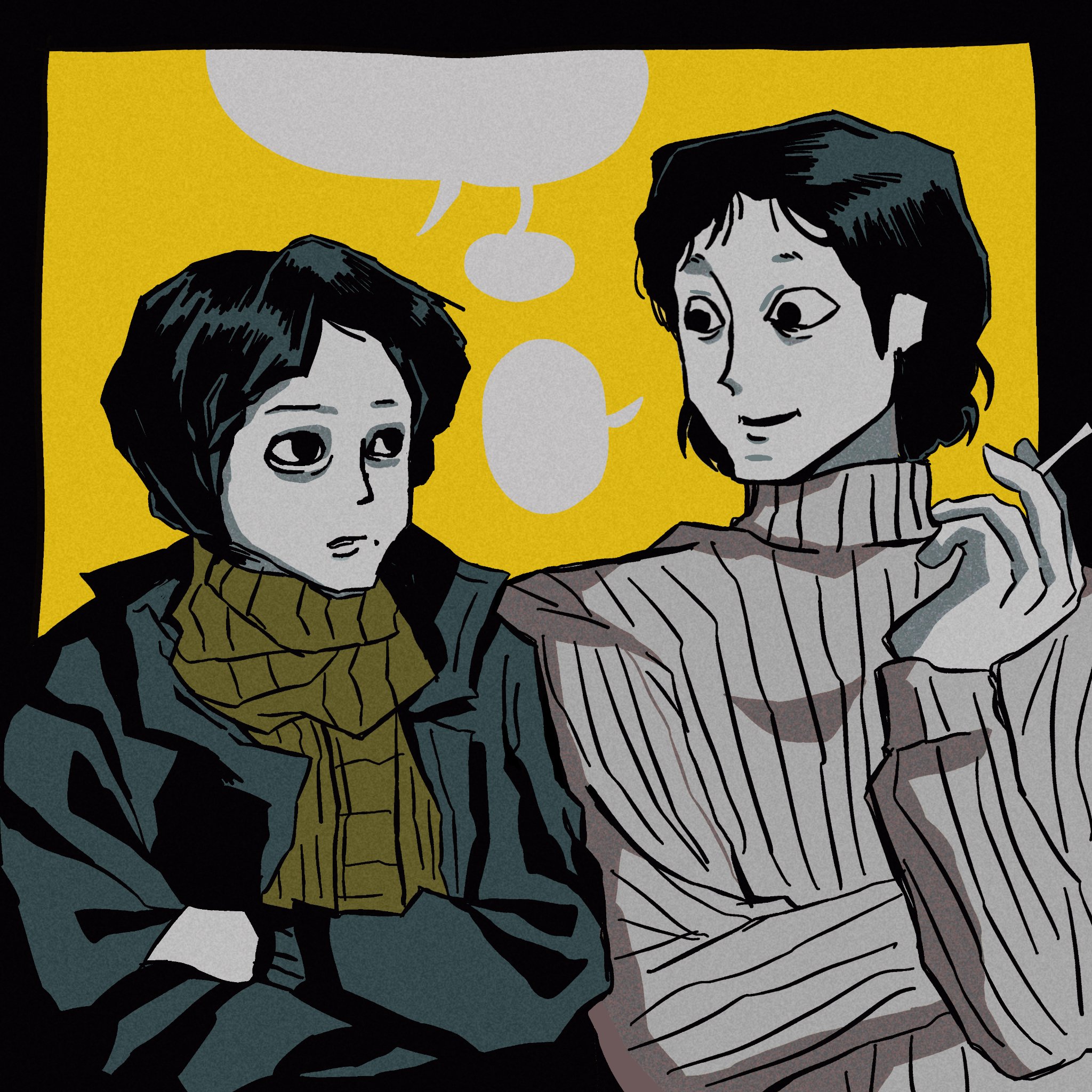 hashtag-only commentary, highres, 2boys, black border, black hair, black jacket, blank speech bubble, bob cut, border, brown scarf, cigarette, coat, coat guy (no i'm not a human), colored skin, crossed arms, crossover, dog01pile, eye contact, film grain, hand up, hell is other people, holding, holding cigarette, jacket, long sleeves, look-alike, looking at another, male focus, mature eyes, mole, mole under mouth, multiple boys, no i'm not a human, open clothes, open jacket, parted bangs, parted lips, ribbed shirt, ribbed sweater, scarf, seo moon-jo, shirt, short eyebrows, short hair, side-by-side, smile, speech bubble, sweater, turtleneck, turtleneck sweater, upper body, white skin, white sweater, winter clothes, winter coat, yellow background