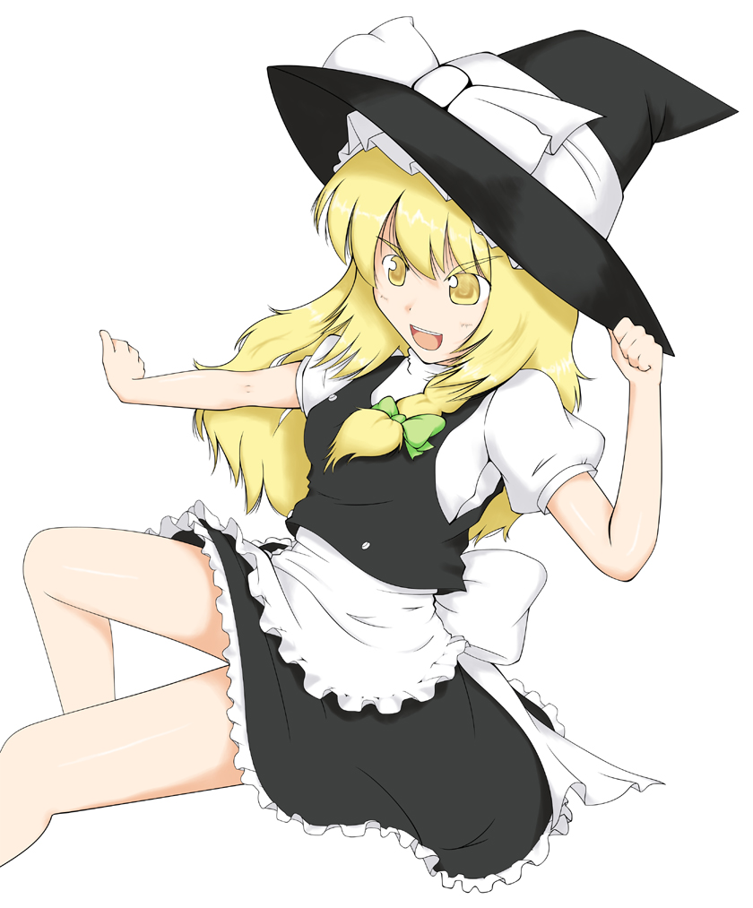 maki (kururin maki), maki (pixiv 8720), kirisame marisa, touhou, eyebrows, bad id, bad pixiv id, 1girl, :d, apron, black hat, black skirt, black vest, blonde hair, bow, braid, female focus, frilled apron, frills, green bow, hair bow, hand on headwear, hat, hat bow, hat ribbon, long hair, open mouth, outstretched arm, ribbon, shirt, short sleeves, simple background, skirt, smile, solo, vest, waist apron, white apron, white background, white bow, white ribbon, white shirt, witch, witch hat, yellow eyes