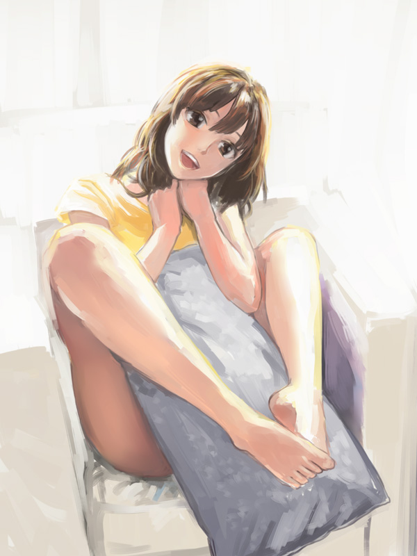 sanae (satansanae), original, 1girl, barefoot, brown hair, feet, female focus, leg lock, legs, pillow, solo
