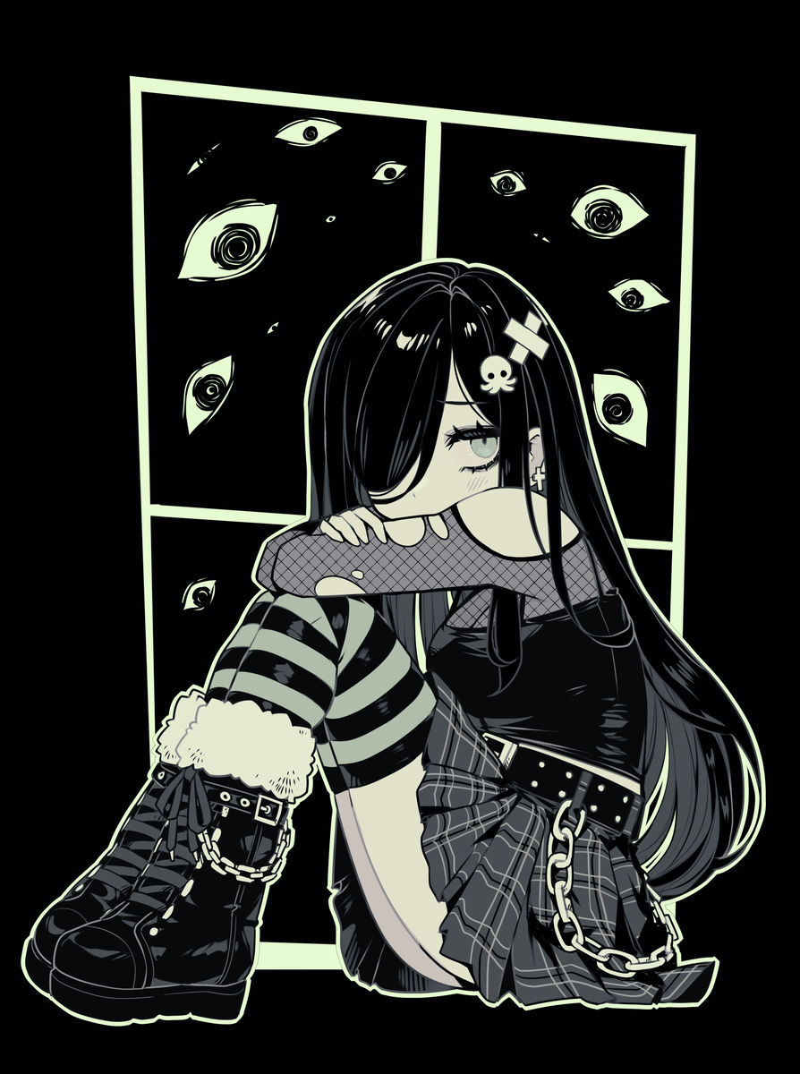 parororo, aria wintermint, the crawling city, commentary, highres, symbol-only commentary, 1girl, bare shoulders, belt, black background, black boots, black hair, boots, breasts, cross, cross earrings, earrings, eyes in shadow, fishnet sleeves, fishnets, from side, full body, fur-trimmed boots, fur trim, green eyes, green theme, hair over one eye, horizontal-striped thighhighs, jewelry, knees up, long hair, looking at viewer, medium breasts, midriff peek, monochrome, octopus hair ornament, plaid clothes, plaid skirt, pleated skirt, sitting, skirt, solo, torn clothes, torn sleeves