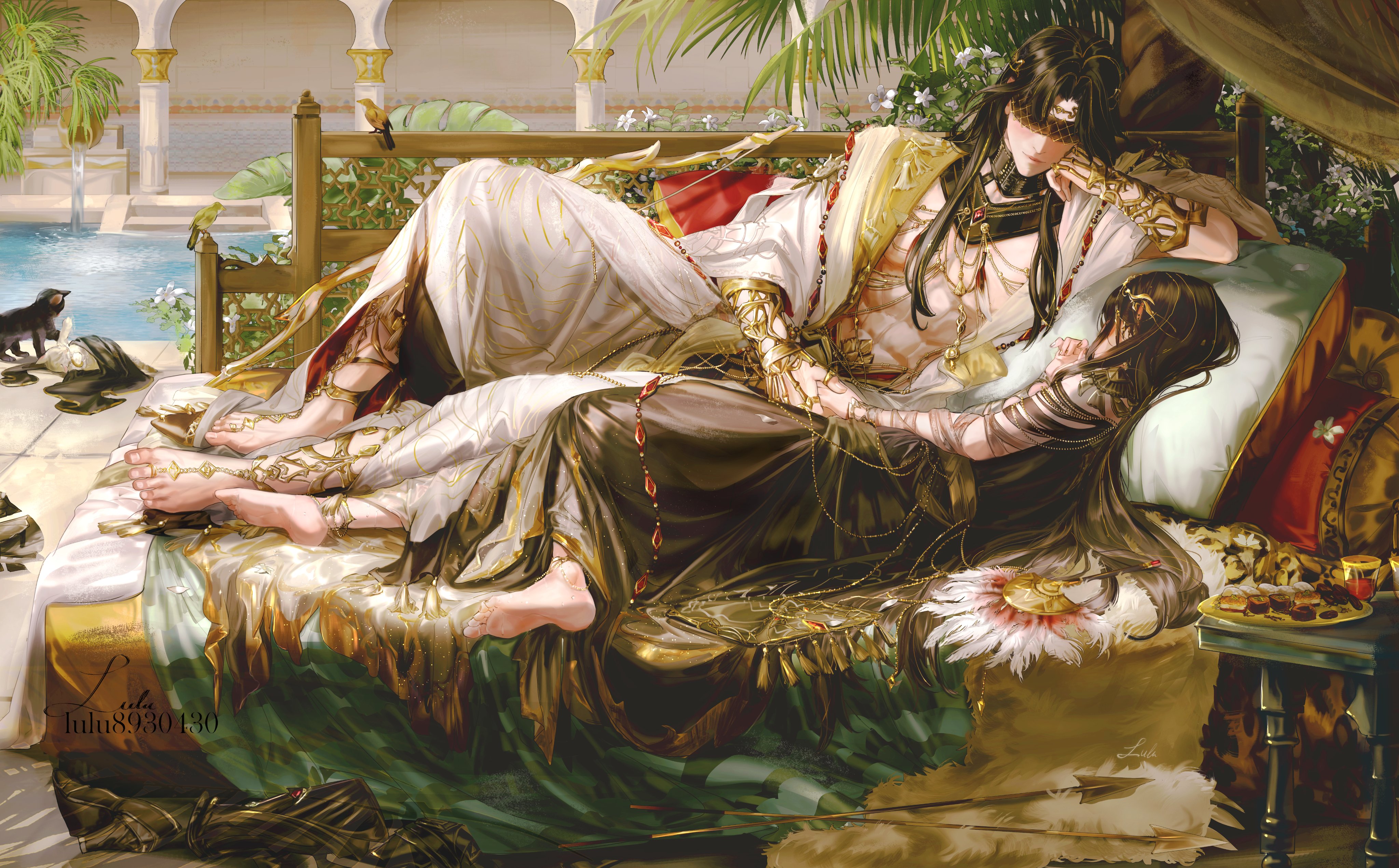 lluluchwan, protagonist (love and deepspace), zayne (love and deepspace), love and deepspace, absurdres, highres, 1boy, 1girl, abs, barefoot, black dress, black hair, blindfold, cat, column lineup, couple, curtains, dress, flower, full body, gold, head on hand, hetero, long dress, long hair, official alternate costume, official alternate hair length, official alternate hairstyle, on bed, parted bangs, pillow, pool, rose, topless male, white flower, white rose