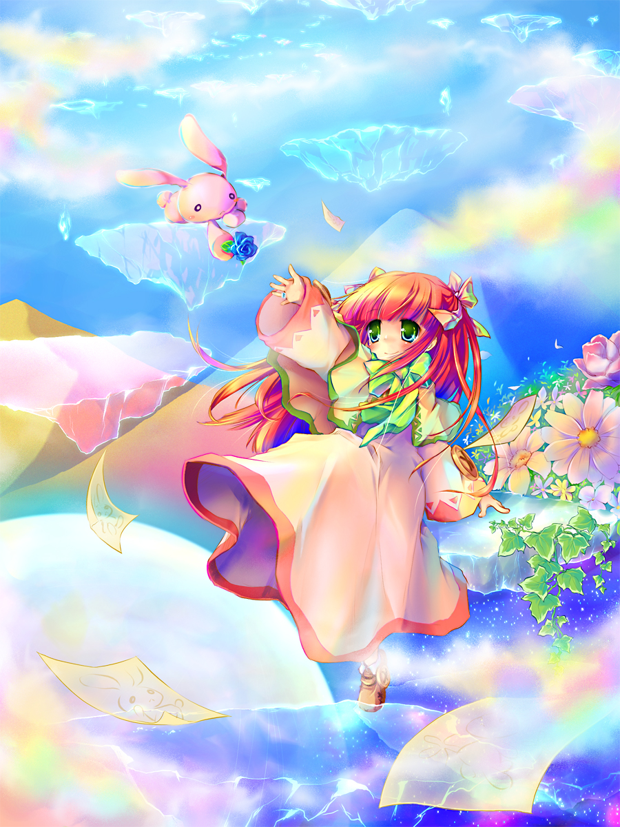 sakurano miya, rubia natwick, tales of (series), tales of the tempest, highres, bow, cloud, crystal, day, floating, flower, hair ornament, ice, rabbit, sky, solo
