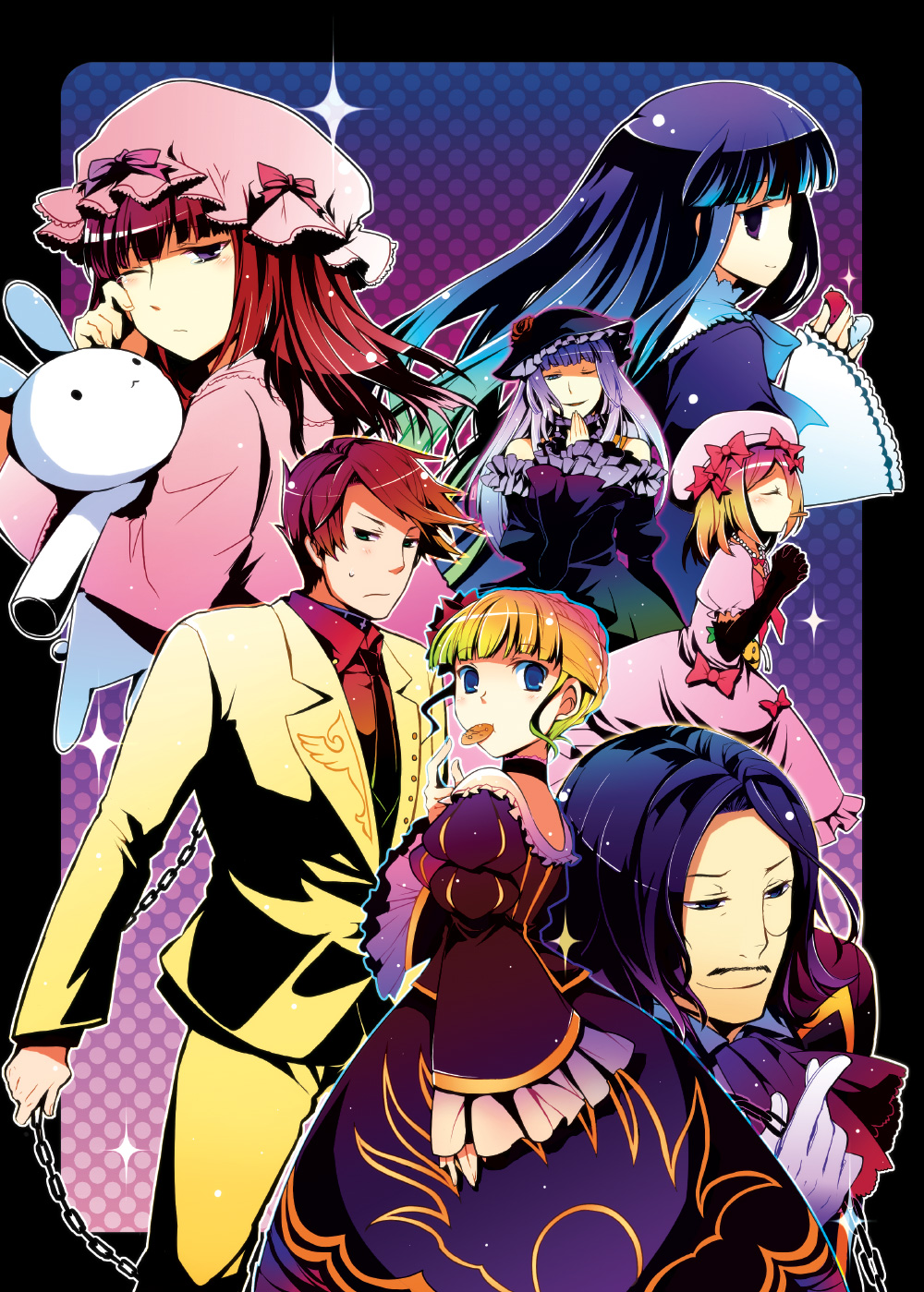 hanokage, suzushiro kurumi, beatrice (umineko), frederica bernkastel, lambdadelta, ronove (umineko), ushiromiya ange, ushiromiya battler, virgilia (umineko), umineko no naku koro ni, highres, 00s, 2boys, 5girls, black hair, blonde hair, blue eyes, blue hair, brown eyes, chain, choker, dress, facial hair, flower, food, formal clothes, frills, hat, jacket, long hair, monocle, multiple boys, multiple girls, mustache, necktie, pink hat, pumpkin, purple eyes, red hair, ribbon, rose, serious, short hair, sleepy, smile, tears, twintails, wince