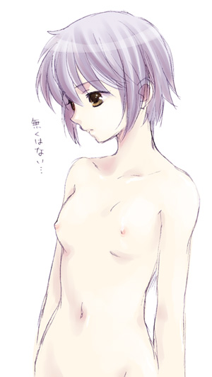 ikuhashi muiko, nagato yuki, suzumiya haruhi no yuuutsu, silver hair, translation request, 00s, 1girl, breasts, brown eyes, completely nude, female focus, flat chest, nipples, nude, short hair, simple background, small breasts, solo, white background
