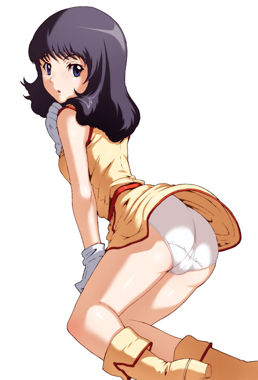 caryo, tabigarasu, fa yuiry, gundam, zeta gundam, ass, belt, black hair, blue eyes, boots, dress, gloves, panties, pantyshot, solo, underwear, white panties, wind, wind lift