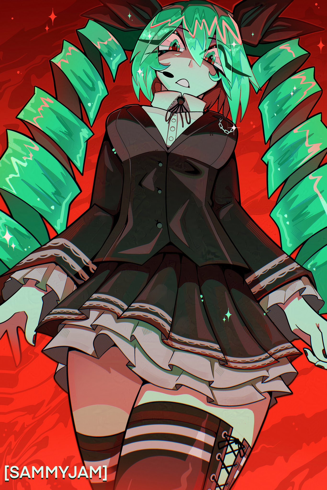 sammy jam, hatsune miku, hatsune miku (dark angel), himitsu keisatsu (vocaloid), project diva (series), vocaloid, highres, 1girl, alternate costume, alternate hairstyle, black jacket, black ribbon, black skirt, blazer, breasts, chain, collared shirt, cowboy shot, drill hair, eyelashes, fingernails, frilled skirt, frills, from below, green eyes, green hair, green nails, hair between eyes, hair ribbon, jacket, large breasts, long eyelashes, long hair, long sleeves, looking at viewer, microphone, neck ribbon, open mouth, pleated skirt, red background, ribbon, shirt, skirt, solo, standing, star (symbol), star symbol background, thighhighs, thighs, twin drills, very long hair, white shirt