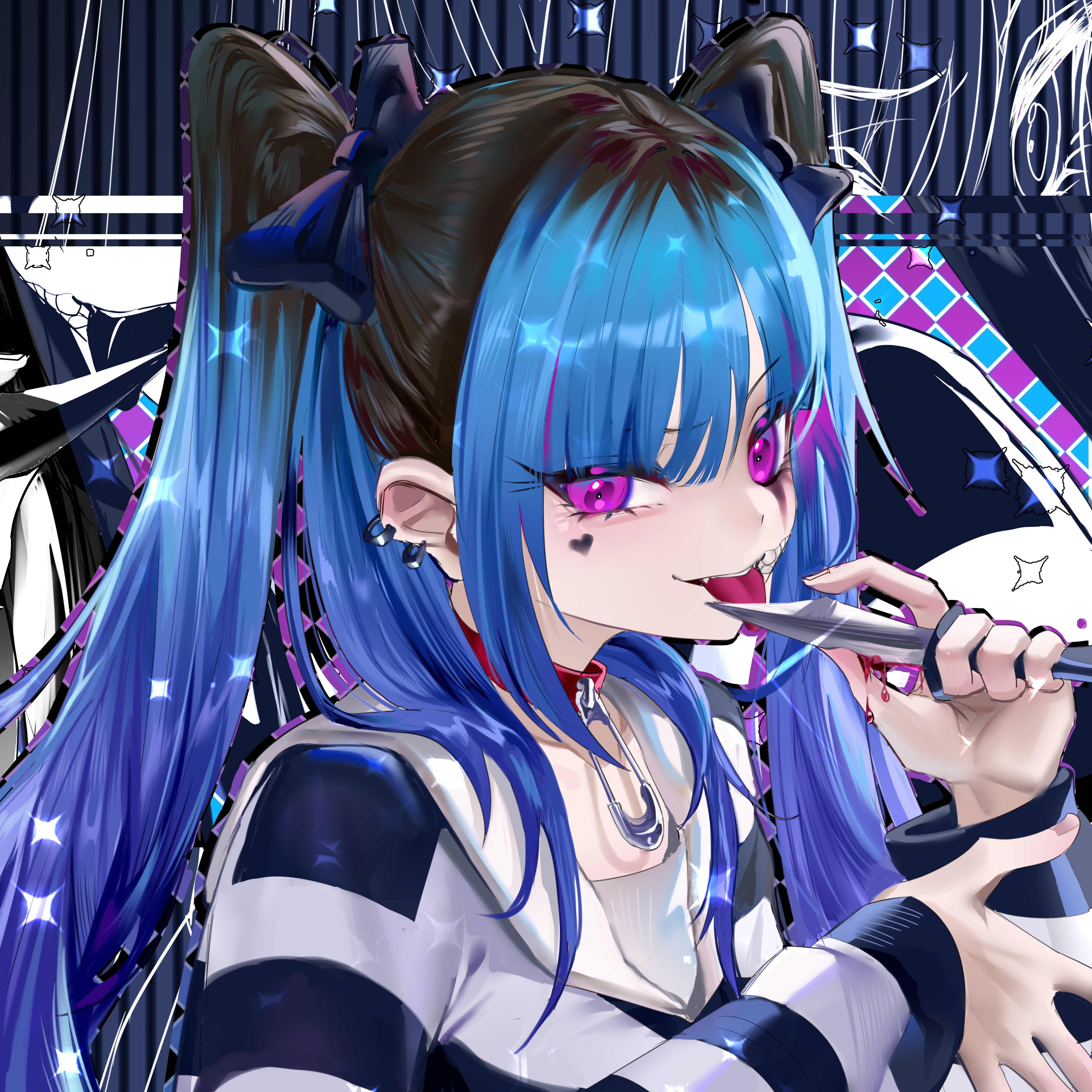 amemiya darumi, the hundred line -last defense academy-, absurdres, artist request, commission, highres, second-party source, 1girl, black bow, black hair, blood, blue hair, bow, choker, ear piercing, facial mark, hair bow, heart, heart facial mark, holding, holding knife, knife, licking, licking blade, licking weapon, long hair, long sleeves, looking at viewer, makeup, multicolored hair, piercing, pink eyes, red choker, safety pin, self-harm, shirt, solo, striped clothes, striped shirt, twintails, upper body, weapon