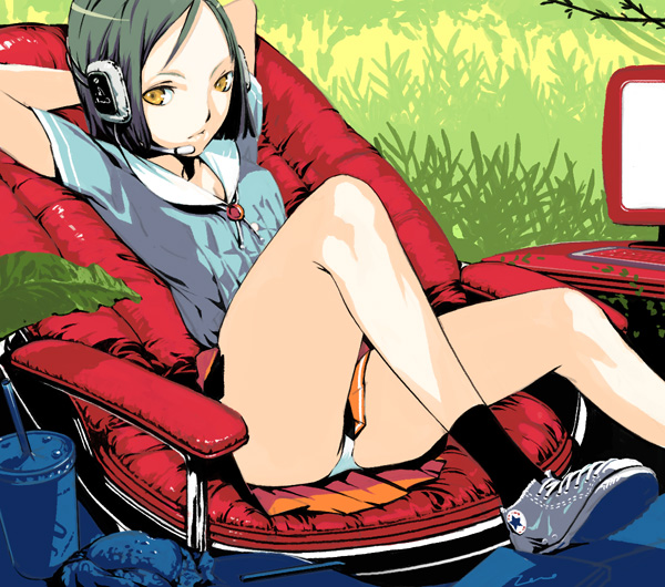 toro (konirio), 1girl, arms behind head, chair, computer, female focus, grass, headphones, headset, leaning back, microphone, outdoors, panties, pantyshot, reclining, shoes, short hair, sitting, sneakers, solo, underwear, upskirt, white panties