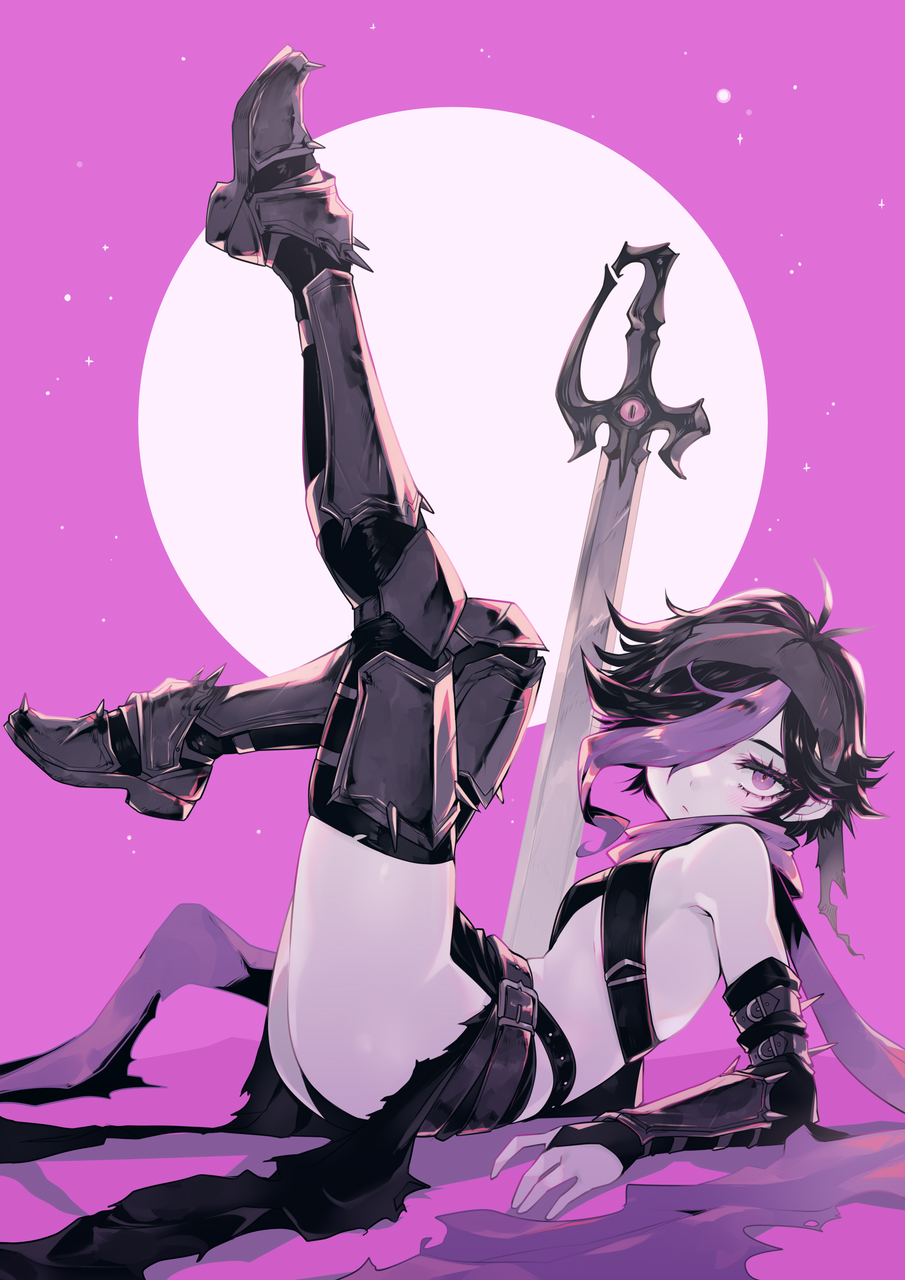 parororo, amora allegro, original, commentary, highres, 1girl, bare shoulders, belt, black hair, boots, breasts, bridal gauntlets, from side, full body, hair over one eye, legs up, looking at viewer, multicolored hair, pink background, purple eyes, purple hair, purple scarf, revealing clothes, scarf, short hair, small breasts, solo, streaked hair, sword, thigh boots, weapon