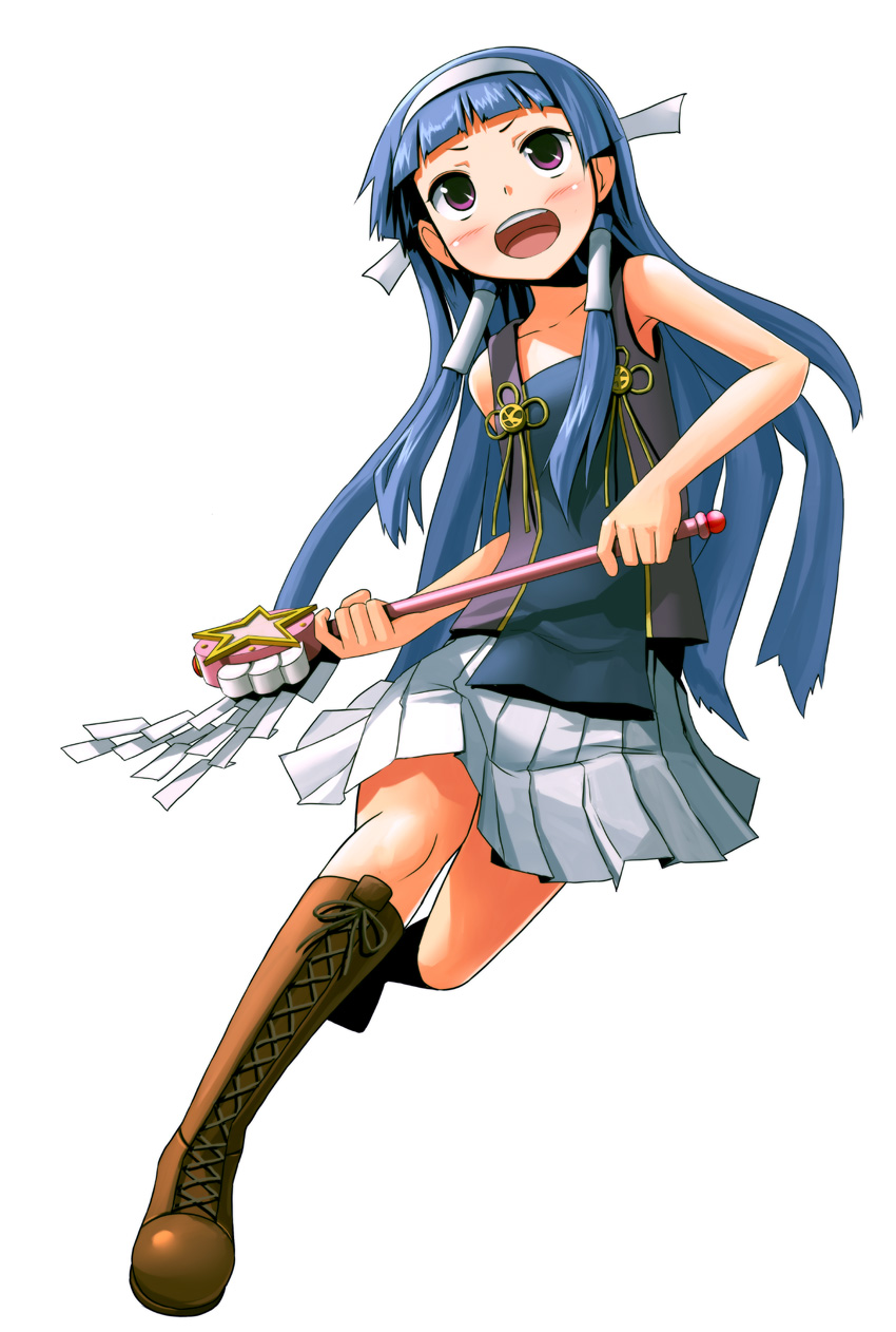 patorishia, patricia (stylish marunage), nagi, kannagi, highres, 00s, 1girl, blue hair, blunt bangs, blush, boots, female focus, flat chest, hair tubes, hairband, long hair, pleated skirt, purple eyes, running, skirt, sleeveless, solo, wand, white skirt