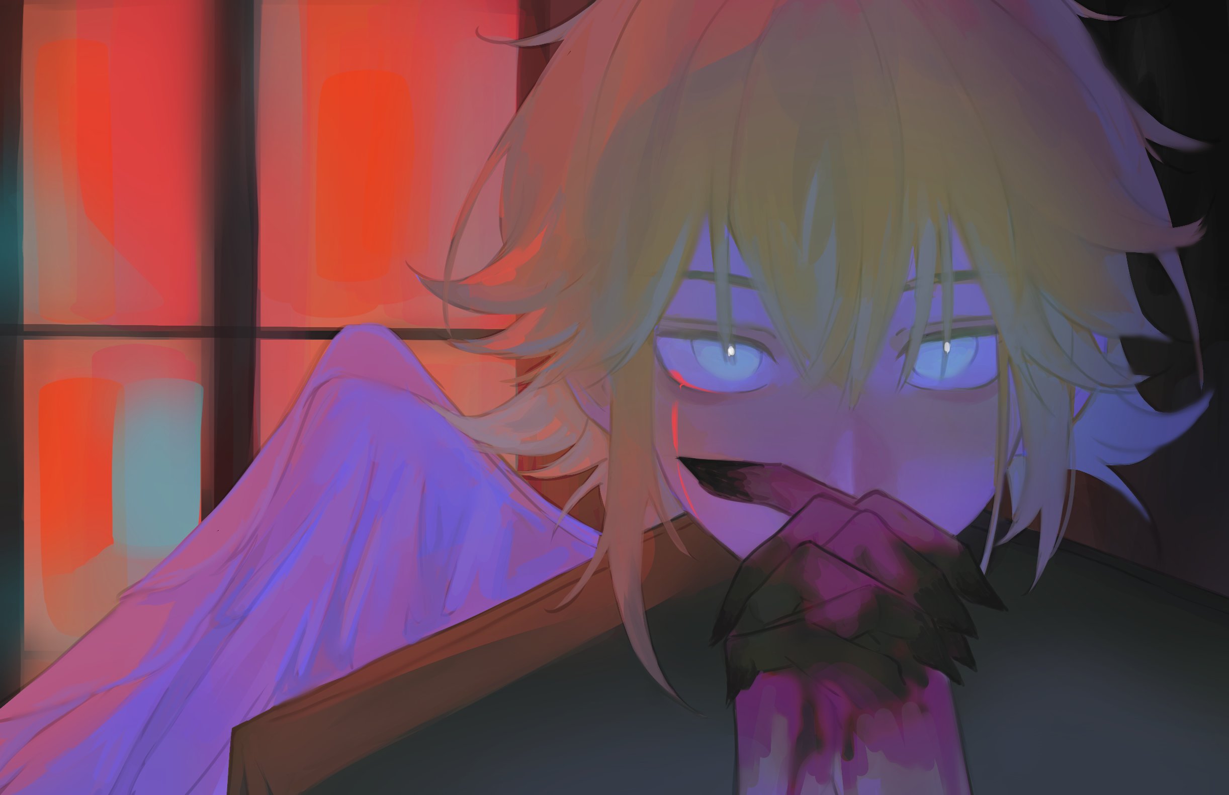 futo (tofuutoufofuto), basil (faraway) (omori), basil (omori), omori, hashtag-only commentary, highres, 1boy, aegyo sal, asymmetrical sidelocks, black shirt, blonde hair, blood, blood on face, blood on hands, blue eyes, covered mouth, dark background, double-parted bangs, feathered wings, flipped hair, glowing, glowing eyes, hair between eyes, hands up, indoors, interlocked fingers, looking at viewer, male focus, own hands clasped, own hands together, portrait, shirt, sidelocks, simple background, single wing, solo, white wings, window, wings