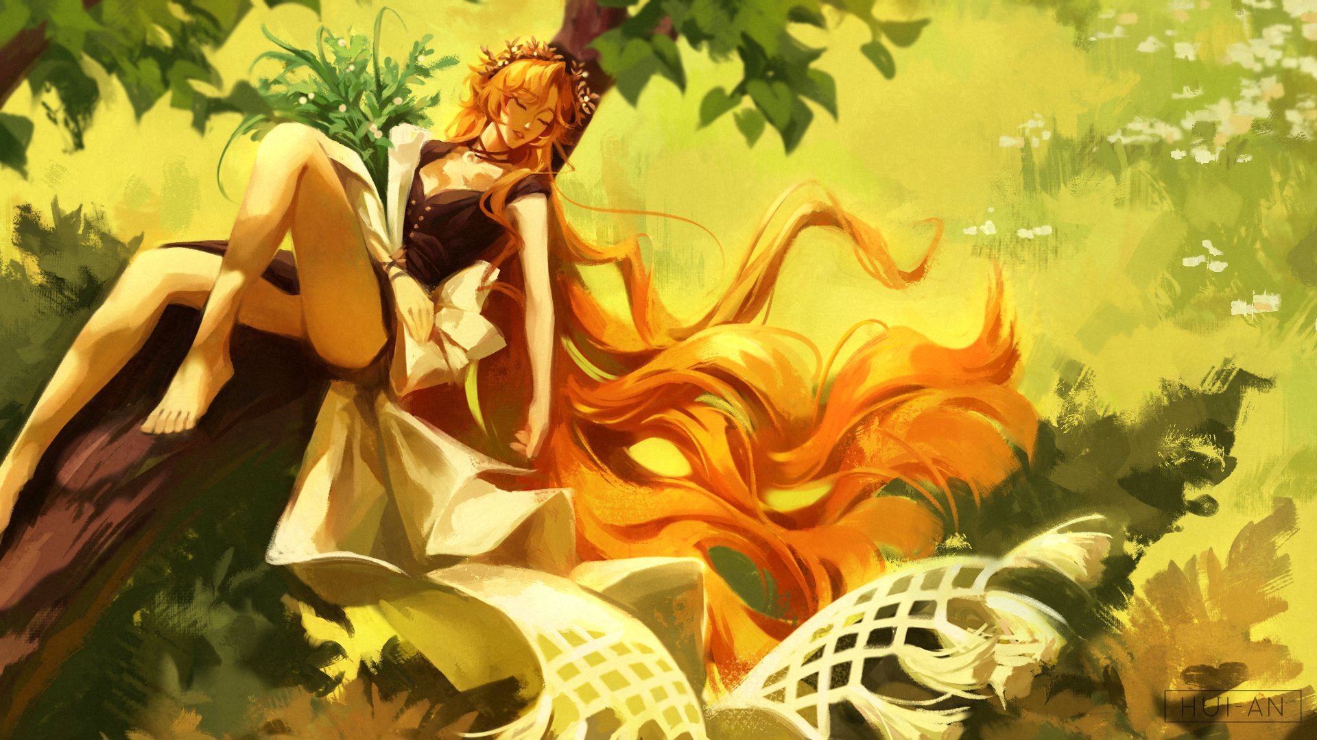 hui-an, druvis iii, reverse:1999, highres, 1girl, bare legs, barefoot, black dress, bouquet, closed eyes, dress, floating hair, flower, foot out of frame, from above, grass, hair ornament, in tree, knee up, leaf hair ornament, long dress, long hair, lying, mistletoe, on back, on branch, outdoors, parted lips, side slit, sleeping, sleeveless, sleeveless dress, solo, tree, very long hair
