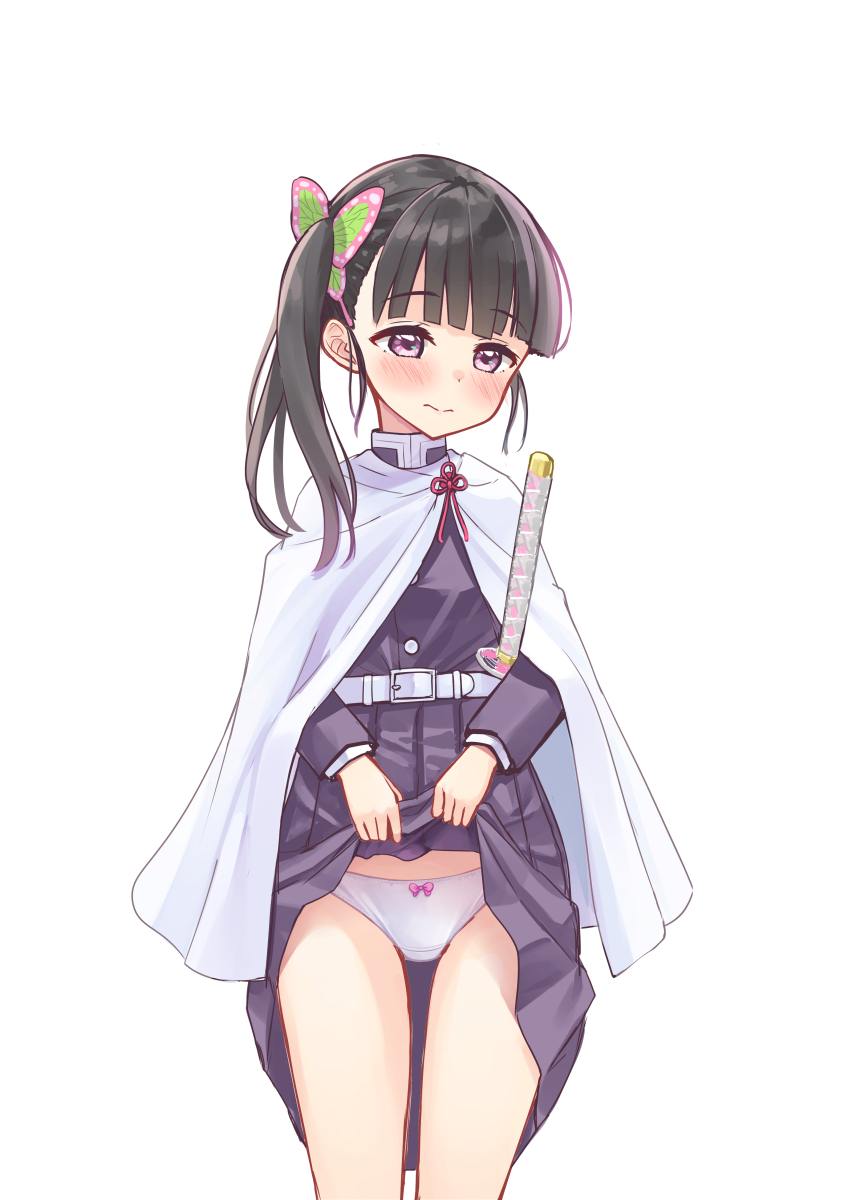 tenjou ryuka, tsuyuri kanao, kimetsu no yaiba, commentary, highres, 1girl, averting eyes, belt, black hair, black jacket, black skirt, blush, bow, bow panties, butterfly hair ornament, cape, closed mouth, clothes lift, cowboy shot, crotch seam, demon slayer uniform, frown, hair ornament, half-closed eyes, jacket, katana, lifting own clothes, long sleeves, medium hair, medium skirt, panties, pleated skirt, purple eyes, side ponytail, simple background, skirt, skirt lift, solo, standing, sword, underwear, weapon, white background, white belt, white cape, white panties