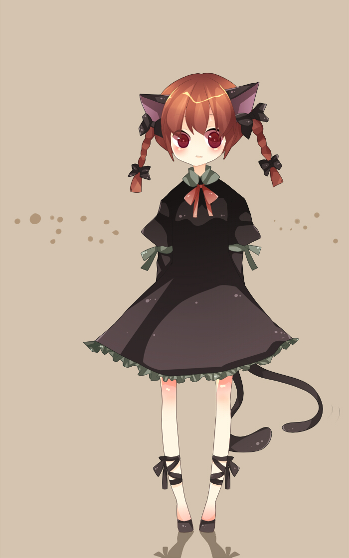 yuhiko, kaenbyou rin, touhou, 1girl, animal ears, bow, bowtie, braid, cat ears, cat girl, cat tail, dress, fang, female focus, full body, hair ribbon, multiple tails, red eyes, red hair, ribbon, simple background, solo, tail, twin braids, twintails
