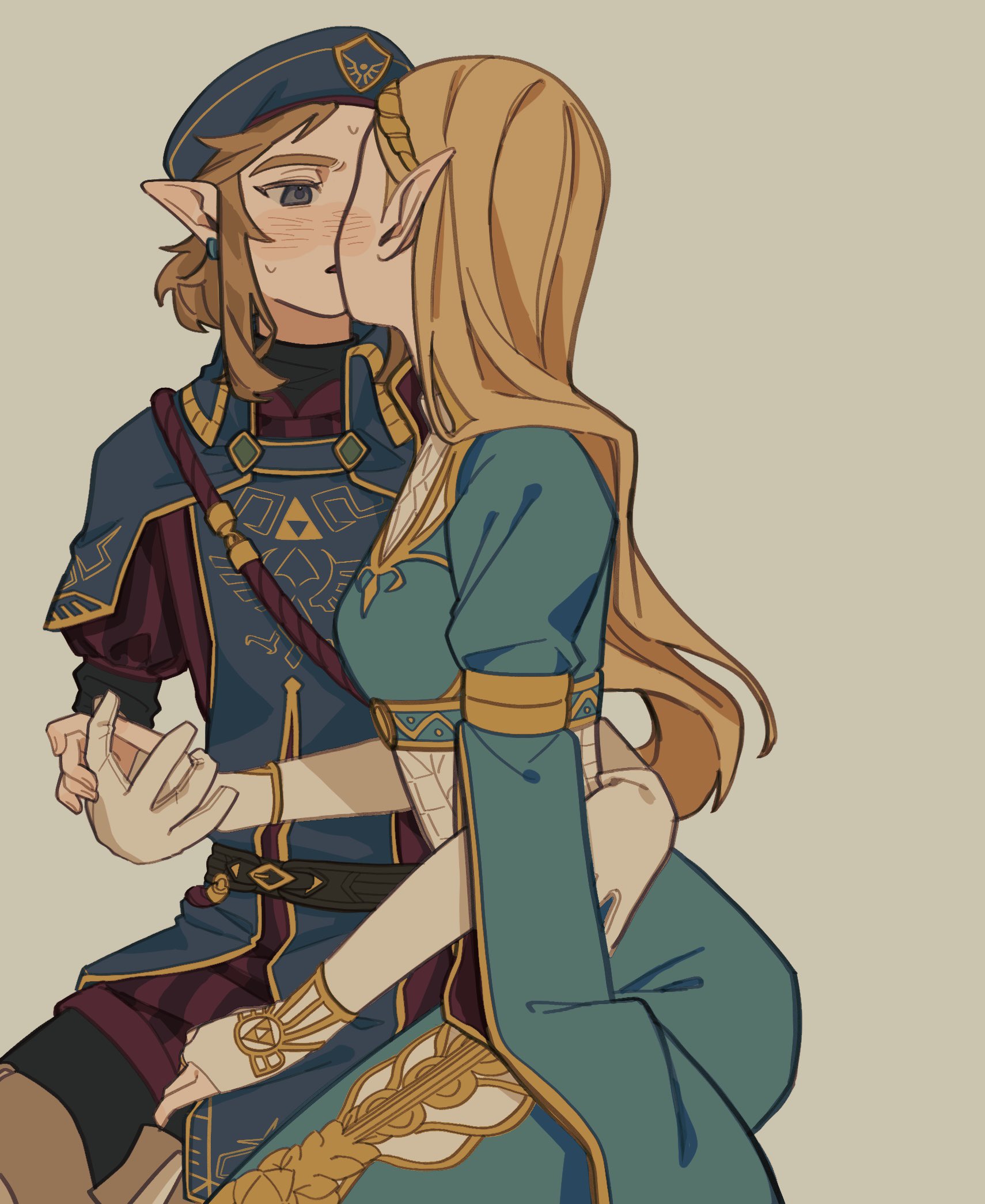 link, princess zelda, nintendo, the legend of zelda, the legend of zelda: breath of the wild, highres, 1boy, 1girl, 2yang, arm around waist, beret, black pants, blonde hair, blue dress, blue hat, blush, breasts, bridal gauntlets, couple, crown, dress, earrings, gloves, gold trim, grey background, grey eyes, hat, hetero, holding hands, jewelry, kiss, long hair, medium breasts, medium hair, military hat, military uniform, official alternate costume, pants, parted lips, pointy ears, royal guard set (zelda), sitting, sweatdrop, upper body, white gloves