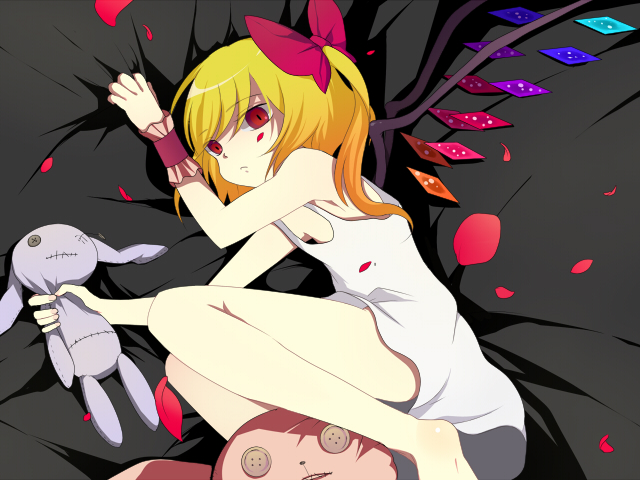 harano, flandre scarlet, touhou, 1girl, bed, blonde hair, bow, doll, female focus, hair bow, lingerie, lying, nightgown, petals, red eyes, ribbon, side ponytail, solo, underwear, wings