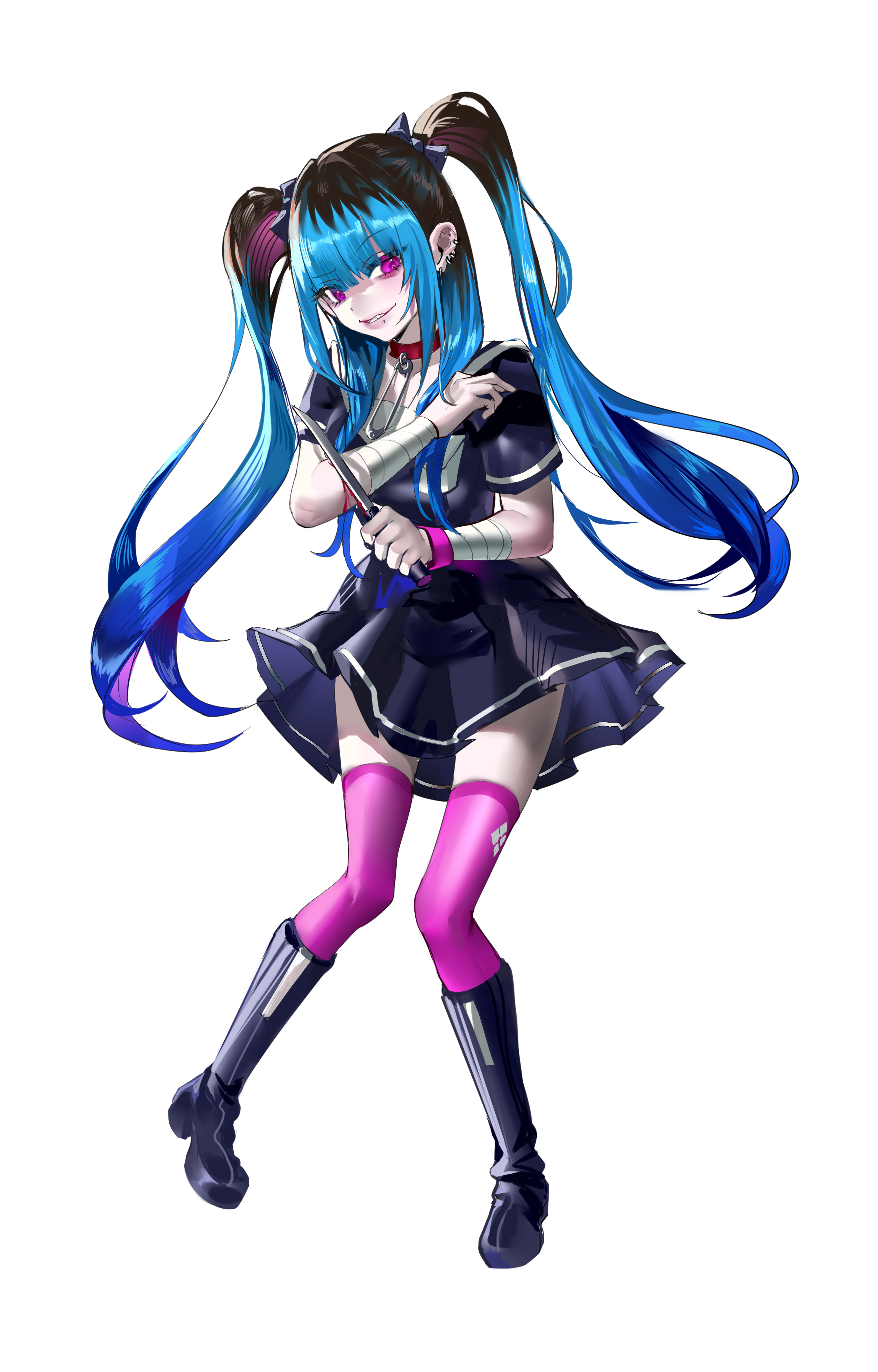 amemiya darumi, the hundred line -last defense academy-, absurdres, artist request, chinese commentary, commentary request, commission, highres, second-party source, 1girl, alternate costume, bandaged arm, bandages, black boots, black bow, black hair, black shirt, black skirt, blood, blue hair, boots, bow, breast pocket, choker, full body, grin, hair bow, holding, holding knife, knife, long hair, looking at viewer, multicolored hair, pink eyes, pink thighhighs, pocket, red choker, safety pin, self-harm, shirt, skirt, smile, solo, thighhighs, transparent background, twintails