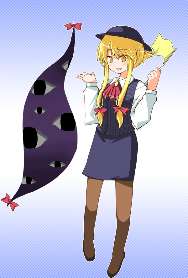 hane (hanegoya), yakumo yukari, touhou, 1girl, alternate costume, blonde hair, eyeball, female focus, flag, gap (touhou), hair ribbon, hat, pantyhose, ribbon, smile, solo, yellow eyes