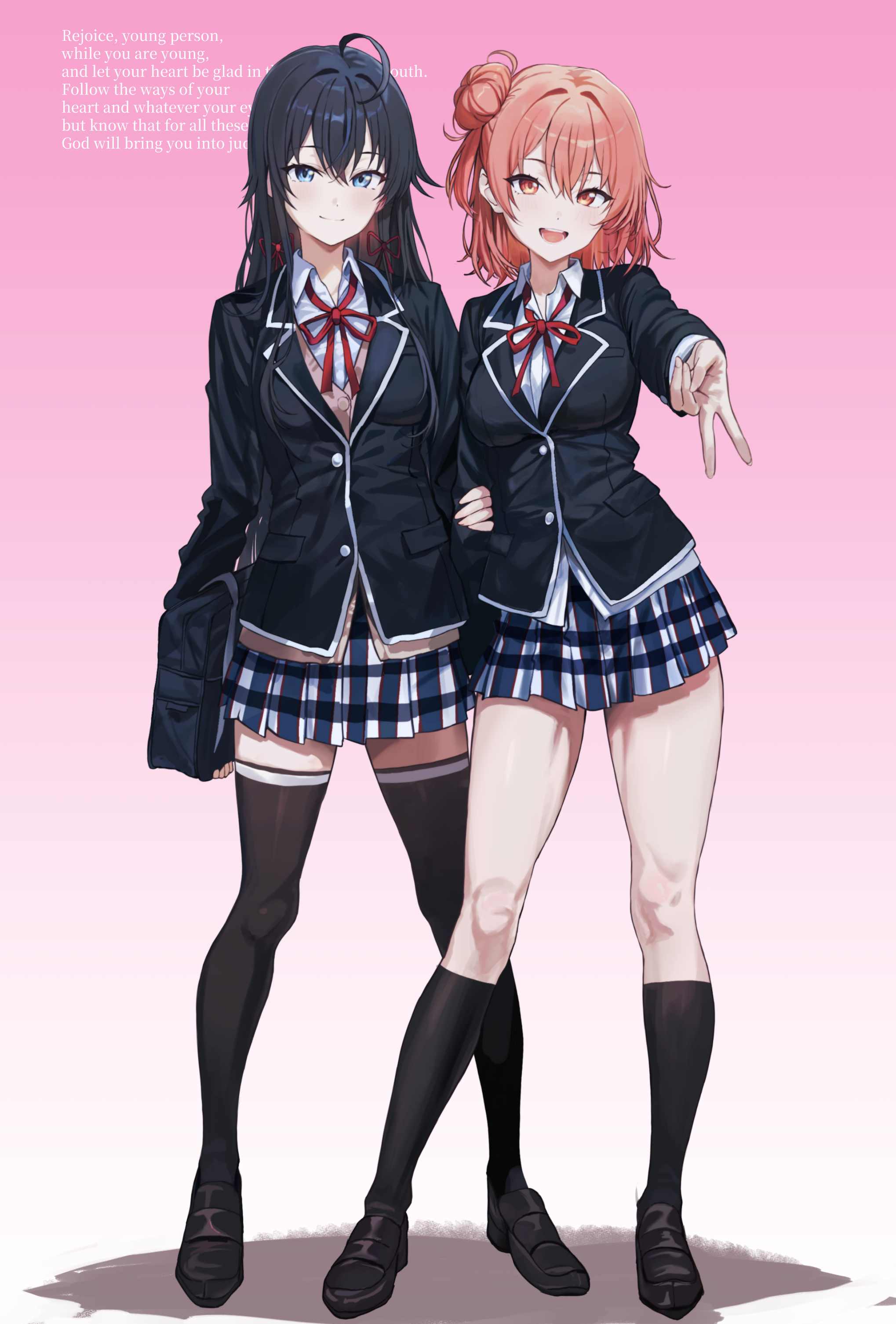 yuigahama yui, yukinoshita yukino, yahari ore no seishun lovecome wa machigatteiru., absurdres, highres, 2girls, ahoge, arm hug, bible verse, black hair, black jacket, black shoes, black socks, black thighhighs, blue eyes, blue skirt, blush, breasts, closed mouth, collared shirt, english text, eyelashes, full body, gradient background, gyaru v, hair between eyes, hair bun, hair intakes, happy, jacket, junyongkim9, kneehighs, large breasts, loafers, long hair, long sleeves, looking at viewer, medium hair, miniskirt, multiple girls, neck ribbon, open mouth, orange eyes, orange hair, outstretched arm, pink background, plaid clothes, plaid skirt, pleated skirt, red ribbon, ribbon, shirt, shoes, side-by-side, simple background, single side bun, skirt, smile, socks, split mouth, standing, teeth, thighhighs, tongue, tsurime, v, white shirt, zettai ryouiki