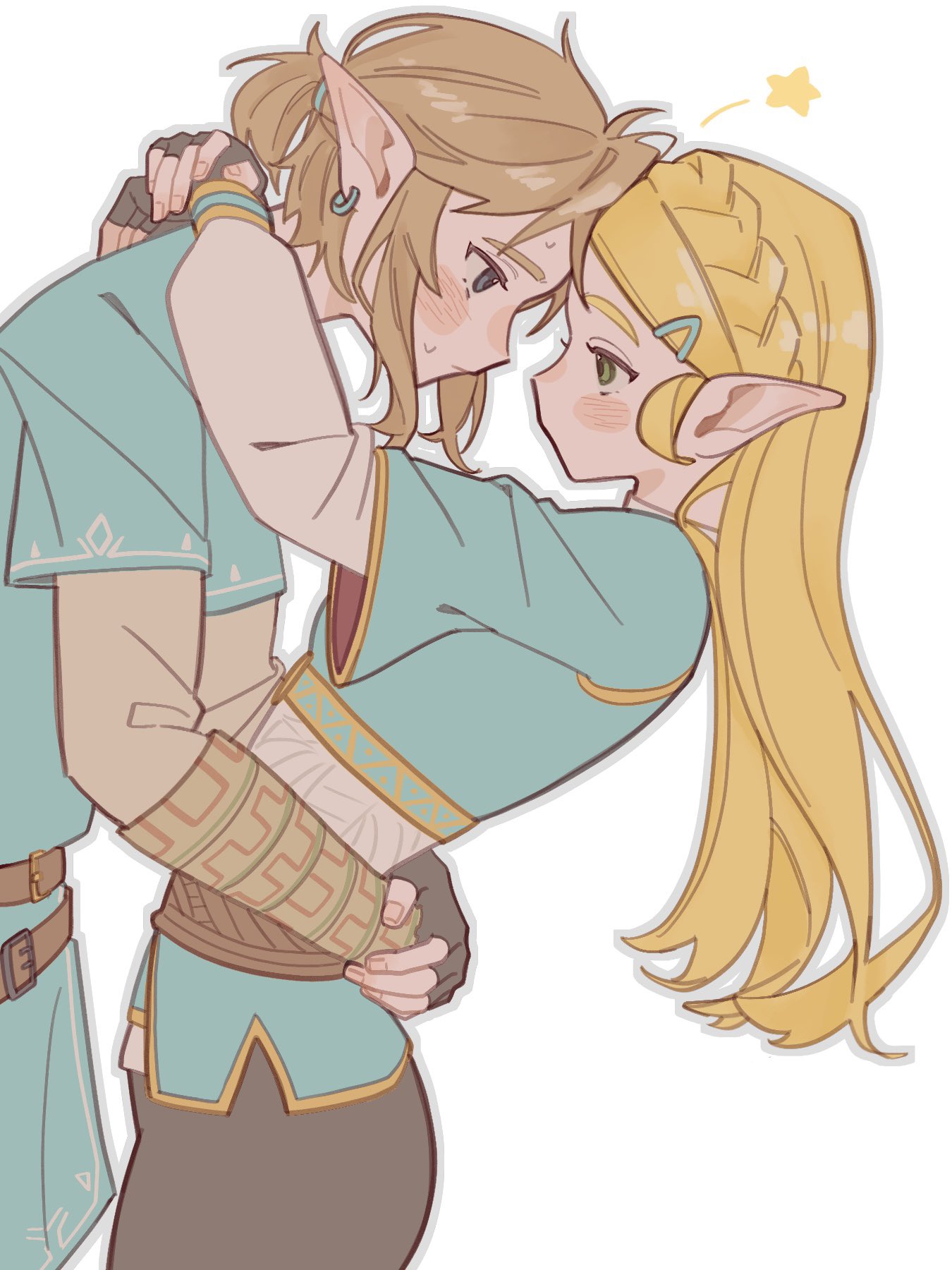 link, princess zelda, nintendo, the legend of zelda, the legend of zelda: breath of the wild, highres, 1boy, 1girl, 2yang, aqua shirt, aqua tunic, arms around neck, arms around waist, black gloves, black pants, blonde hair, blue eyes, blush, braid, breasts, couple, cowboy shot, crown braid, earrings, fingerless gloves, gloves, gold trim, green eyes, grey shirt, hair ornament, hair tie, hairclip, hetero, jewelry, long hair, looking at another, medium breasts, pants, parted bangs, pointy ears, ponytail, shirt, short ponytail, sidelocks, sweatdrop, tunic, white background