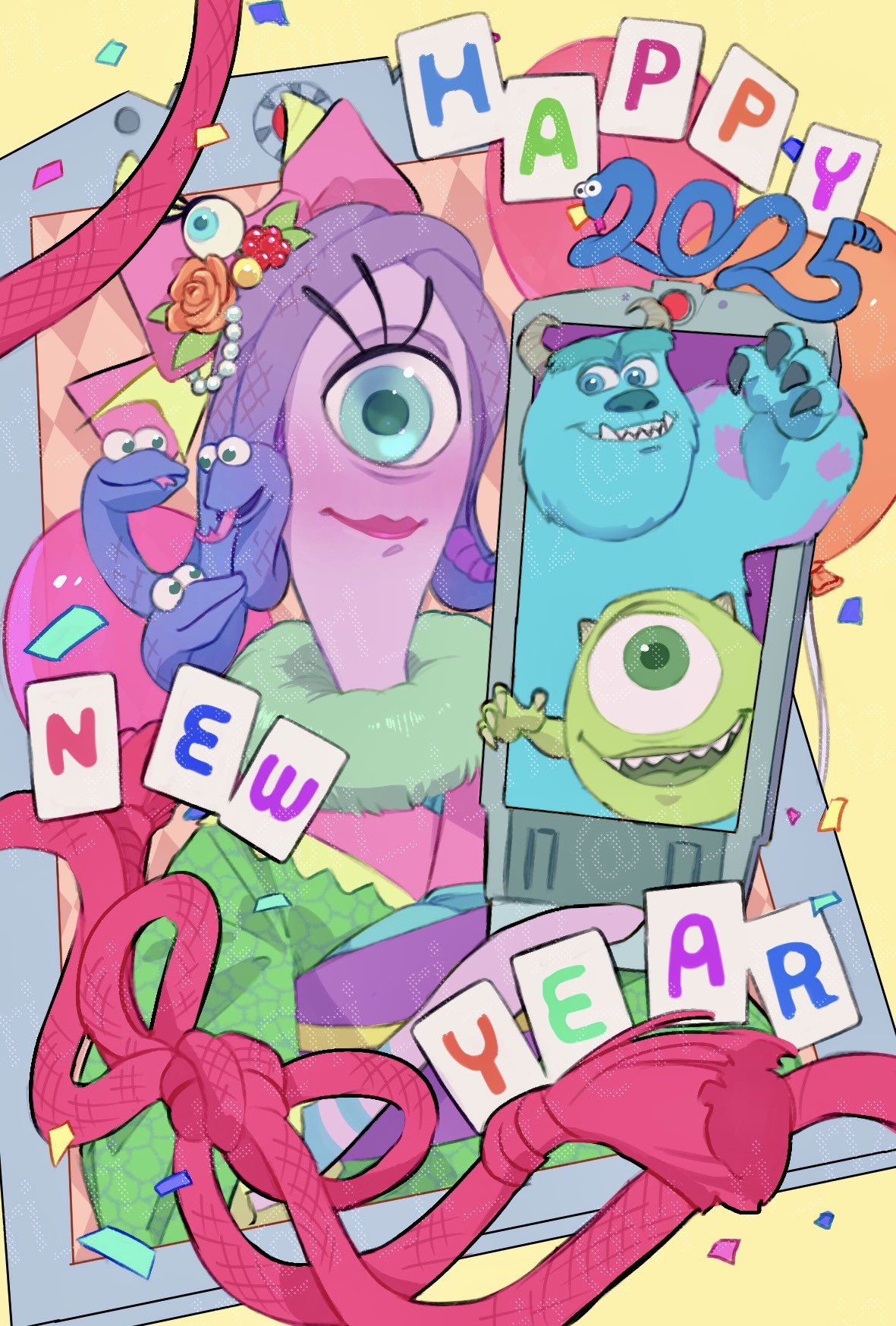 ri ri ri2, celia mae, james p. sullivan, mike wazowski, monsters inc., highres, 1girl, 2025, 2boys, curly hair, dress, green eyes, green hair, happy new year, horns, multiple boys, new year, one-eyed, open mouth, purple hair, short hair, sleeveless, sleeveless dress, smile, snake hair, solo, teeth
