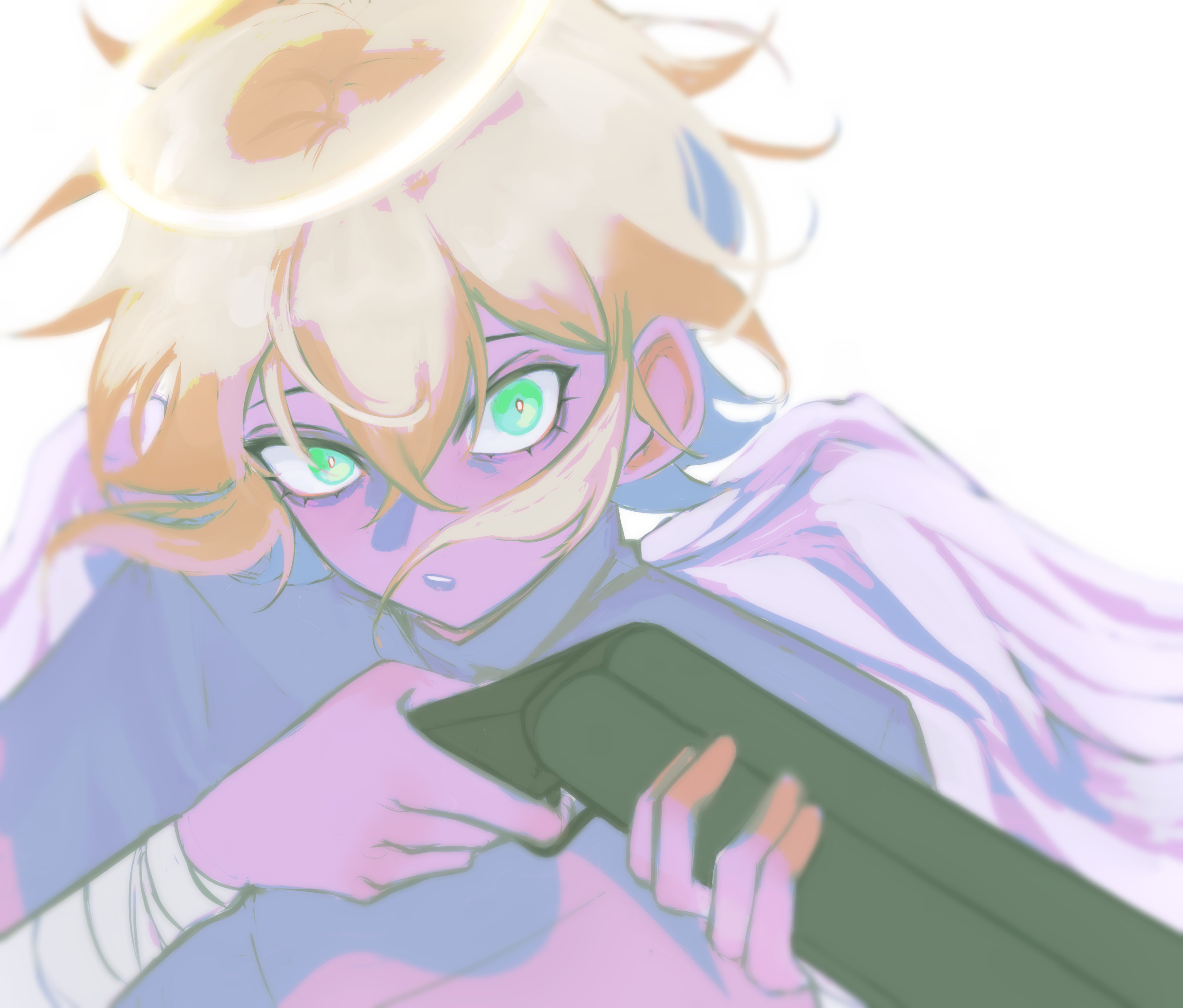 futo (tofuutoufofuto), basil (faraway) (omori), basil (omori), omori, absurdres, hashtag-only commentary, highres, 1boy, aegyo sal, aged down, bandaged arm, bandages, blurry, bright pupils, crossed bangs, depth of field, double-parted bangs, feathered wings, glowing, glowing halo, green eyes, gun, hair between eyes, halo, holding, holding gun, holding weapon, looking at viewer, male focus, official alternate costume, parted lips, portrait, shirt, short hair, simple background, solo, tsurime, turtleneck, turtleneck shirt, weapon, white background, white halo, white pupils, white shirt, white wings, wings