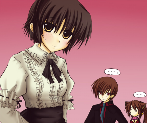 kirasagi mikan, naoe riki, natsume kyousuke, natsume rin, little busters!, bad id, bad pixiv id, 1boy, 2girls, animal ears, blouse, blush, bob cut, breasts, brown eyes, brown hair, cat ears, food, frills, fruit, genderswap, genderswap (mtf), long hair, mandarin orange, medium breasts, multiple girls, ponytail, red eyes, ribbon, school uniform, serafuku, shirt, short hair, skirt, yellow eyes