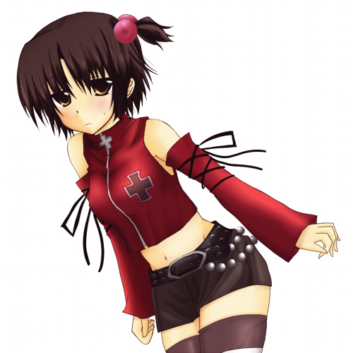 kirasagi mikan, naoe riki, little busters!, bad id, bad pixiv id, lowres, 1girl, blush, bob cut, breasts, brown eyes, brown hair, cameltoe, cross, crossdressing, crossdressing (ftm), detached sleeves, female focus, food, fruit, genderswap, genderswap (mtf), hair bobbles, hair ornament, hairclip, mandarin orange, midriff, miniskirt, navel, pencil skirt, ribbon, shorts, skirt, small breasts, solo, thighhighs, zettai ryouiki