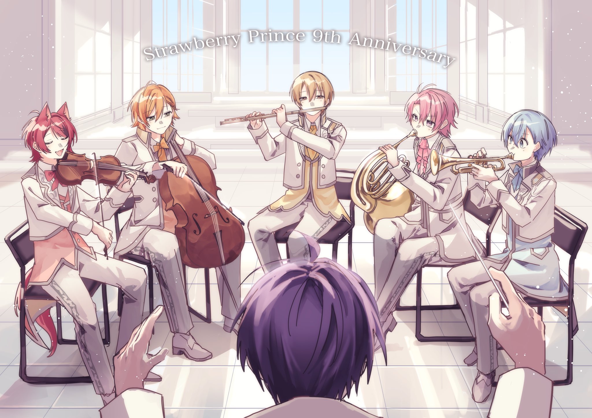 colon (stpri), jel (stpri), nanamori (stpri), rinu (stpri), root (stpri), satomi (stpri), strawberry prince, highres, 6+boys, animal ears, anniversary, blonde hair, blue eyes, blue hair, bow (music), cello, chair, closed eyes, closed mouth, conductor baton, copyright name, french horn, holding, holding instrument, holding trumpet, holding violin, instrument, jacket, long sleeves, male focus, multiple boys, music, on chair, open mouth, orange hair, pants, pink hair, playing flute, playing instrument, red hair, sitting, smile, trm310560, trumpet, violin, white jacket, white pants
