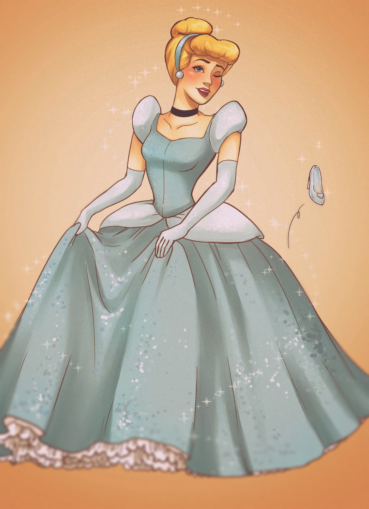 ri ri ri2, cinderella (disney character), cinderella (disney movie), highres, 1girl, ball gown, blonde hair, blue dress, blue eyes, choker, dress, earrings, elbow gloves, gloves, gown, hair bun, hairband, jewelry, looking at viewer, princess, princess dress, short hair, smile, solo