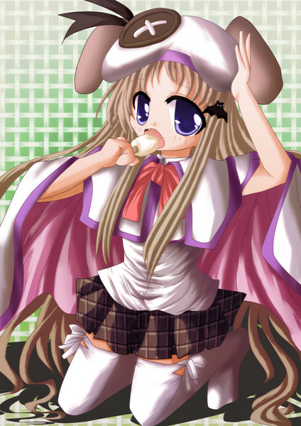 shiyou, noumi kudryavka, little busters!, silver hair, animal ears, beret, blonde hair, blue eyes, cape, dog ears, eating, fang, fangs, hair ornament, hairclip, hat, large buttons, long hair, open mouth, plaid clothes, plaid skirt, school uniform, serafuku, skirt