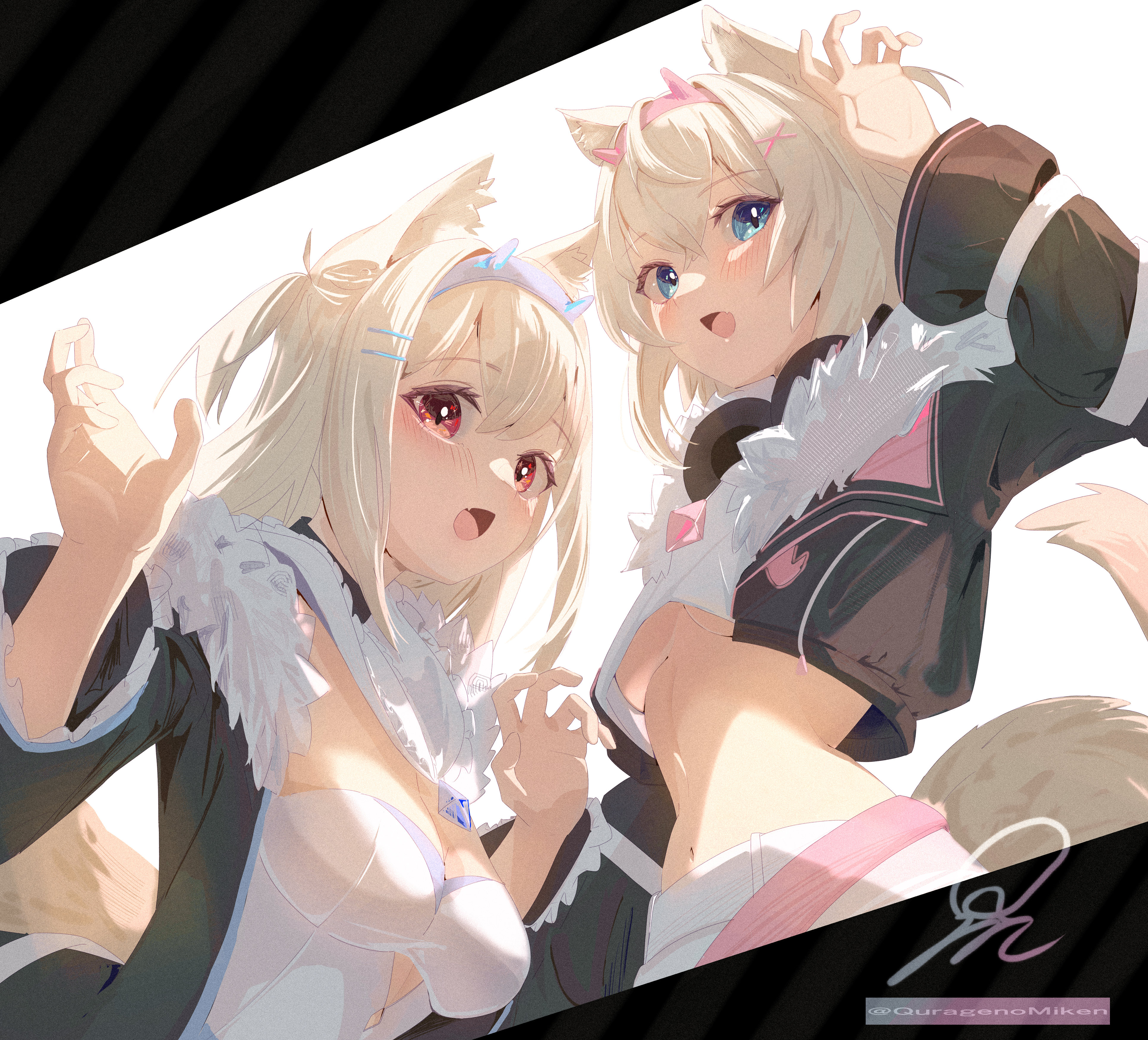 quragenomiken, fuwawa abyssgard, fuwawa abyssgard (1st costume), mococo abyssgard, mococo abyssgard (1st costume), hololive, hololive english, absurdres, highres, 2girls, animal ears, belt, black collar, black jacket, blonde hair, blue eyes, blue hair, breasts, collar, cropped jacket, cropped shirt, dog ears, dog girl, dog tail, dress, fang, fur-trimmed jacket, fur trim, hair ornament, hairpin, headphones, headphones around neck, jacket, large breasts, long hair, looking at viewer, multicolored hair, multiple girls, navel, pink belt, pink hair, red eyes, shirt, short hair, skin fang, small breasts, smile, streaked hair, tail, underboob, very long hair, virtual youtuber, white dress, white shirt, x hair ornament