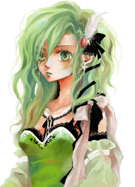 namahamuro-su, rydia (adult) (ff4), rydia (ff4), final fantasy, final fantasy iv, bad id, bad pixiv id, 1990s (style), 1girl, aged up, breasts, dress, earrings, feathers, female focus, green eyes, green hair, green lips, jewelry, lipstick, long hair, makeup, matching hair/eyes, pendant, retro artstyle, ribbon, simple background, solo