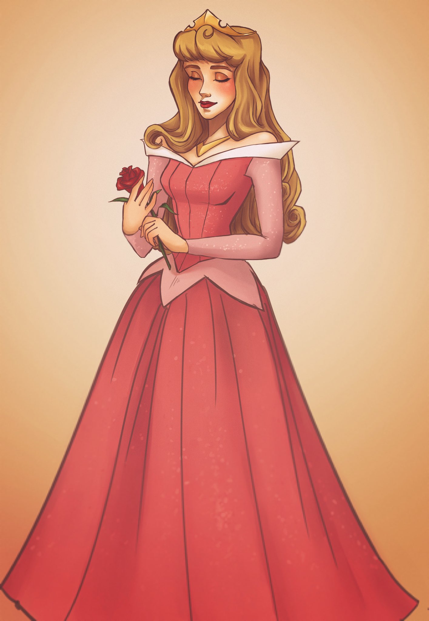 ri ri ri2, aurora (disney), sleeping beauty (disney), highres, 1girl, animification, blonde hair, dress, long hair, long sleeves, looking at viewer, makeup, princess, red lips, simple background, smile, solo, tiara
