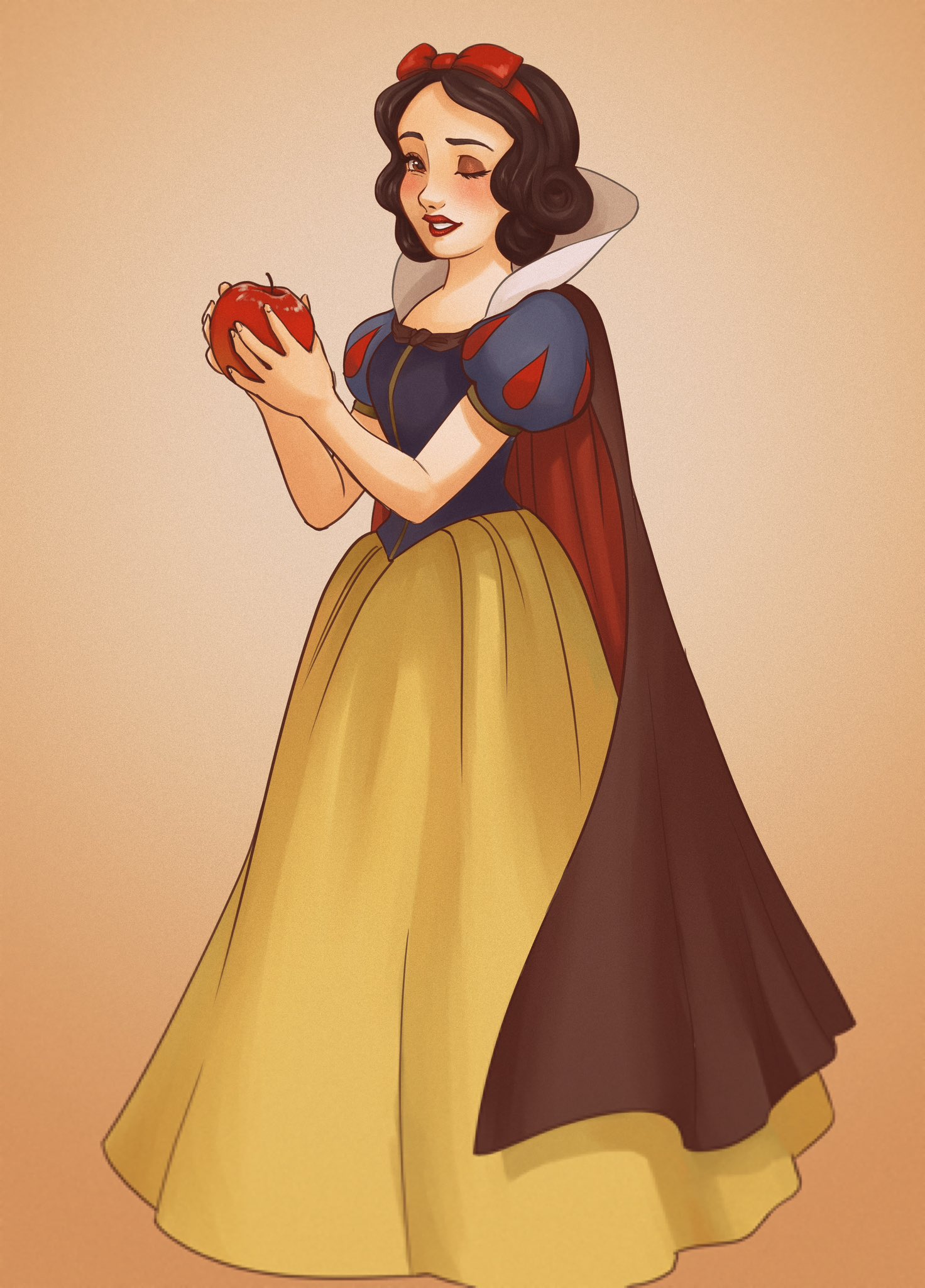 ri ri ri2, snow white (disney), snow white and the seven dwarfs (disney), highres, 1girl, apple, black hair, bow, dress, food, fruit, hair bow, holding, holding food, holding fruit, looking at viewer, one eye closed, princess, puff and slash sleeves, puffy short sleeves, puffy sleeves, red bow, short hair, short sleeves, skirt, smile, solo, yellow skirt