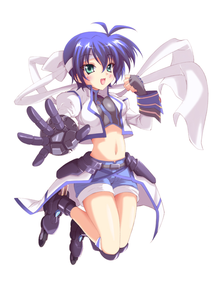 hayakawa harui, mach caliber, revolver knuckle, subaru nakajima, lyrical nanoha, mahou shoujo lyrical nanoha, mahou shoujo lyrical nanoha strikers, 00s, 1girl, blue hair, denim, denim shorts, female focus, green eyes, inline skates, midriff, ribbon, roller skates, short hair, shorts, simple background, skates, solo, waist cape, white background