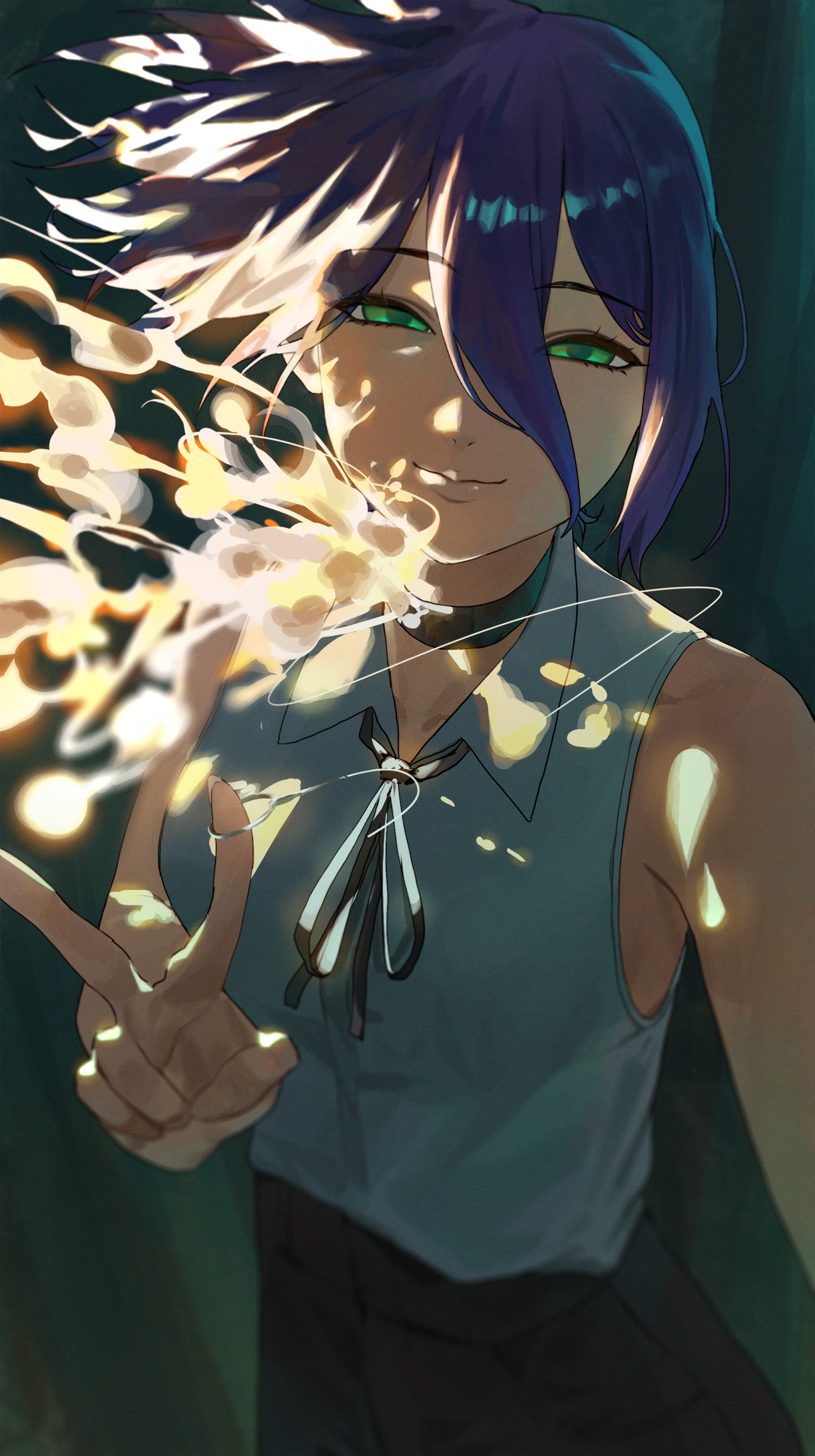 tabulagami, reze (chainsaw man), chainsaw man, absurdres, highres, 1girl, black choker, black ribbon, black shorts, choker, closed mouth, green eyes, grenade pin, grey shirt, hair between eyes, looking at viewer, neck ribbon, purple hair, ribbon, shirt, shirt tucked in, shorts, sleeveless, sleeveless shirt, solo, v