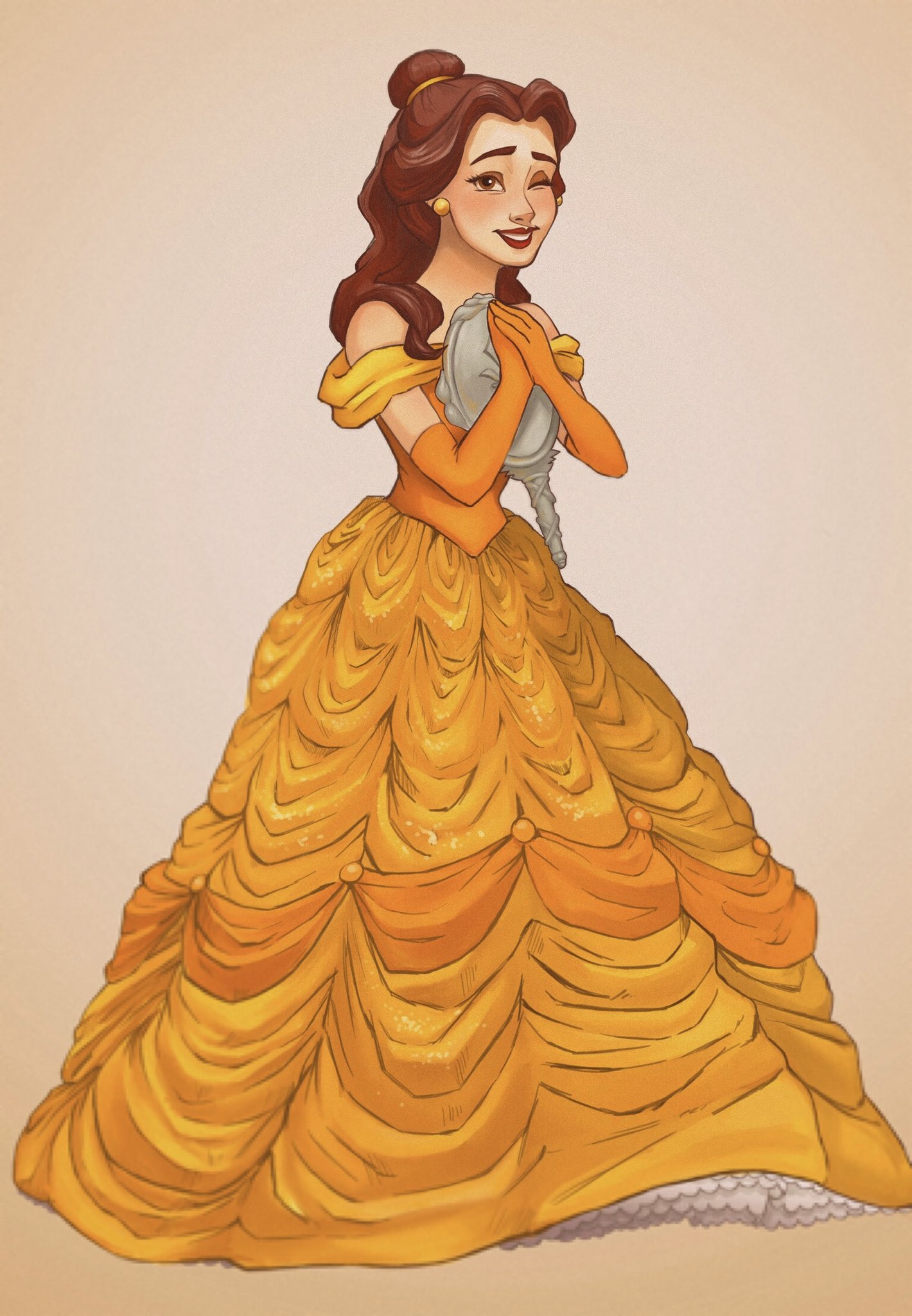 ri ri ri2, belle (disney), beauty and the beast (disney), highres, 1girl, brown eyes, brown hair, dress, earrings, elbow gloves, gloves, jewelry, long hair, looking at viewer, mirror, princess, smile, yellow dress, yellow gloves
