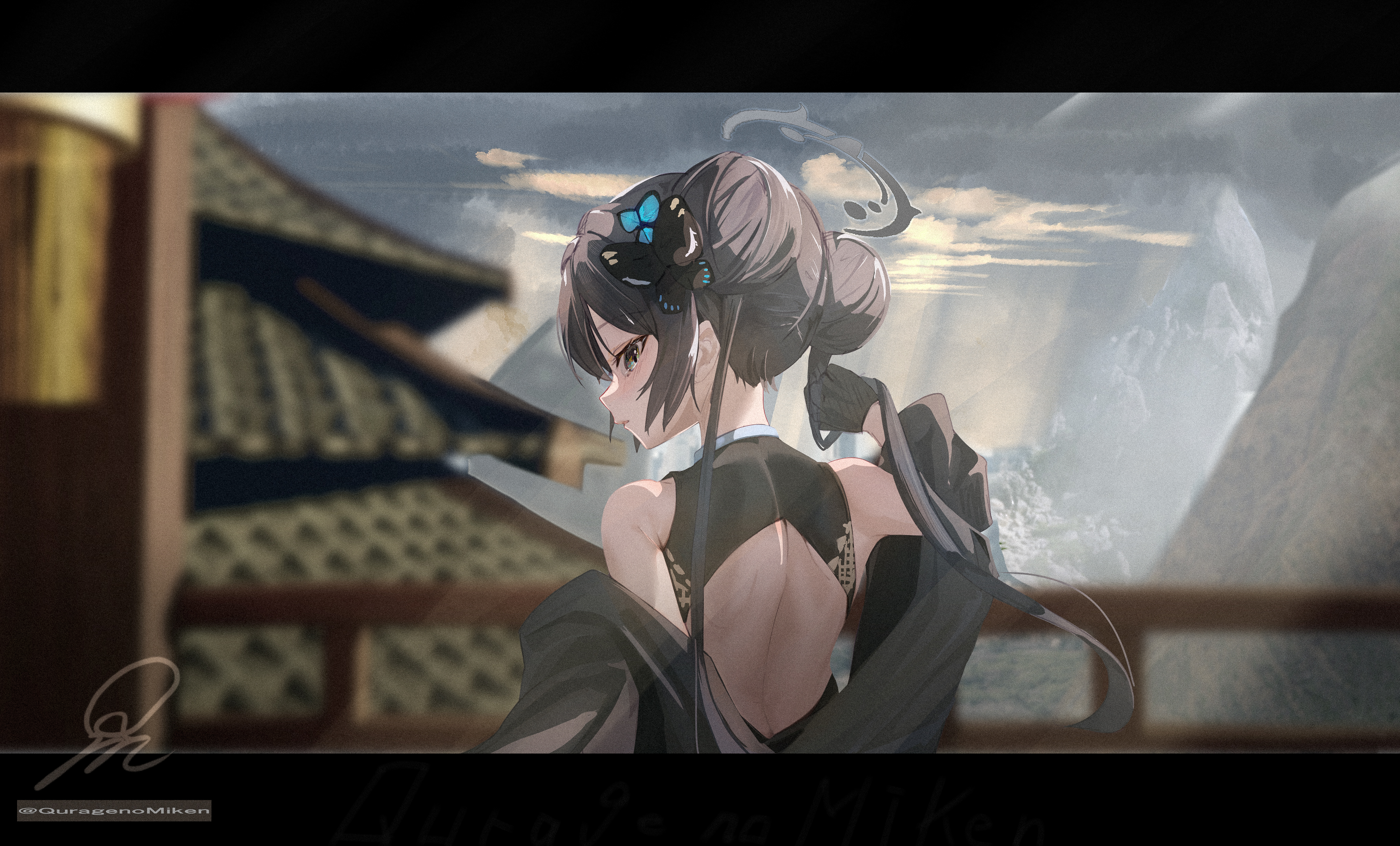 quragenomiken, kisaki (blue archive), blue archive, absurdres, highres, 1girl, backless dress, backless outfit, black gloves, black hair, butterfly hair ornament, closed mouth, double bun, dress, gloves, grey eyes, hair bun, hair ornament, halo, japanese house, long hair, looking at viewer, mountainous horizon, sleeveless, sleeveless dress, solo, twintails, very long hair