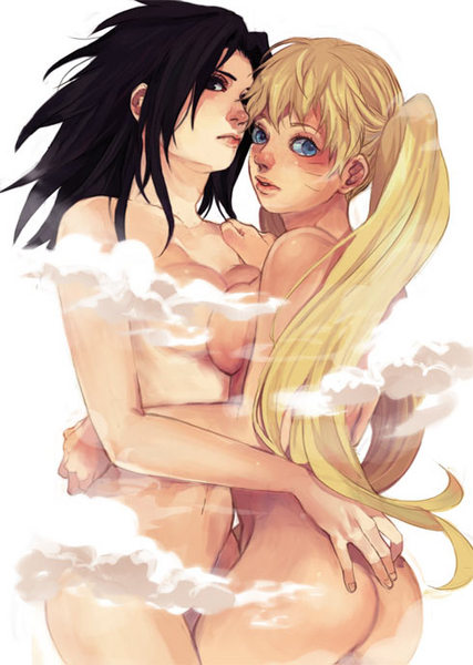sumishuu, naruko (naruto), uchiha sasuke, uzumaki naruto, naruto (classic), naruto (series), image sample, pixiv sample, resized, 2girls, ass, black eyes, black hair, blonde hair, blue eyes, blush, breast press, breasts, censored, convenient censoring, expressionless, facial mark, facing viewer, genderswap, genderswap (mtf), hand on another's ass, hand on another's shoulder, hand up, hug, long hair, looking at viewer, matching hair/eyes, medium breasts, multiple girls, nude, parted lips, simple background, smoke, smoke censor, standing, symmetrical docking, twintails, very long hair, whisker markings, whiskers, white background, yuri