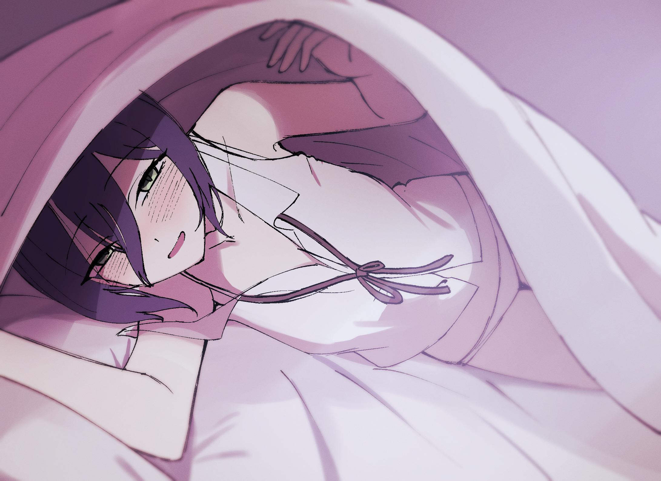 zeref (user uttv3537), reze (chainsaw man), chainsaw man, commentary request, highres, 1girl, bed invitation, black ribbon, green eyes, hair between eyes, looking at viewer, neck ribbon, open mouth, panties, purple hair, ribbon, shirt, solo, under covers, underwear, white panties, white shirt