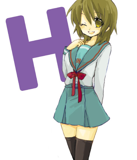 chonko, koizumi itsuki, koizumi itsuki (female), suzumiya haruhi, suzumiya haruhi no yuuutsu, bad id, bad pixiv id, 00s, 1girl, black thighhighs, breasts, brown eyes, brown hair, female focus, genderswap, genderswap (mtf), one eye closed, school uniform, serafuku, short hair, small breasts, solo, thighhighs, wink