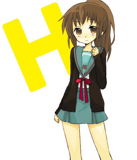chonko, kyon, kyonko, suzumiya haruhi no yuuutsu, bad id, bad pixiv id, 00s, 1girl, brown eyes, brown hair, cardigan, female focus, genderswap, genderswap (mtf), long hair, ponytail, school uniform, serafuku, solo
