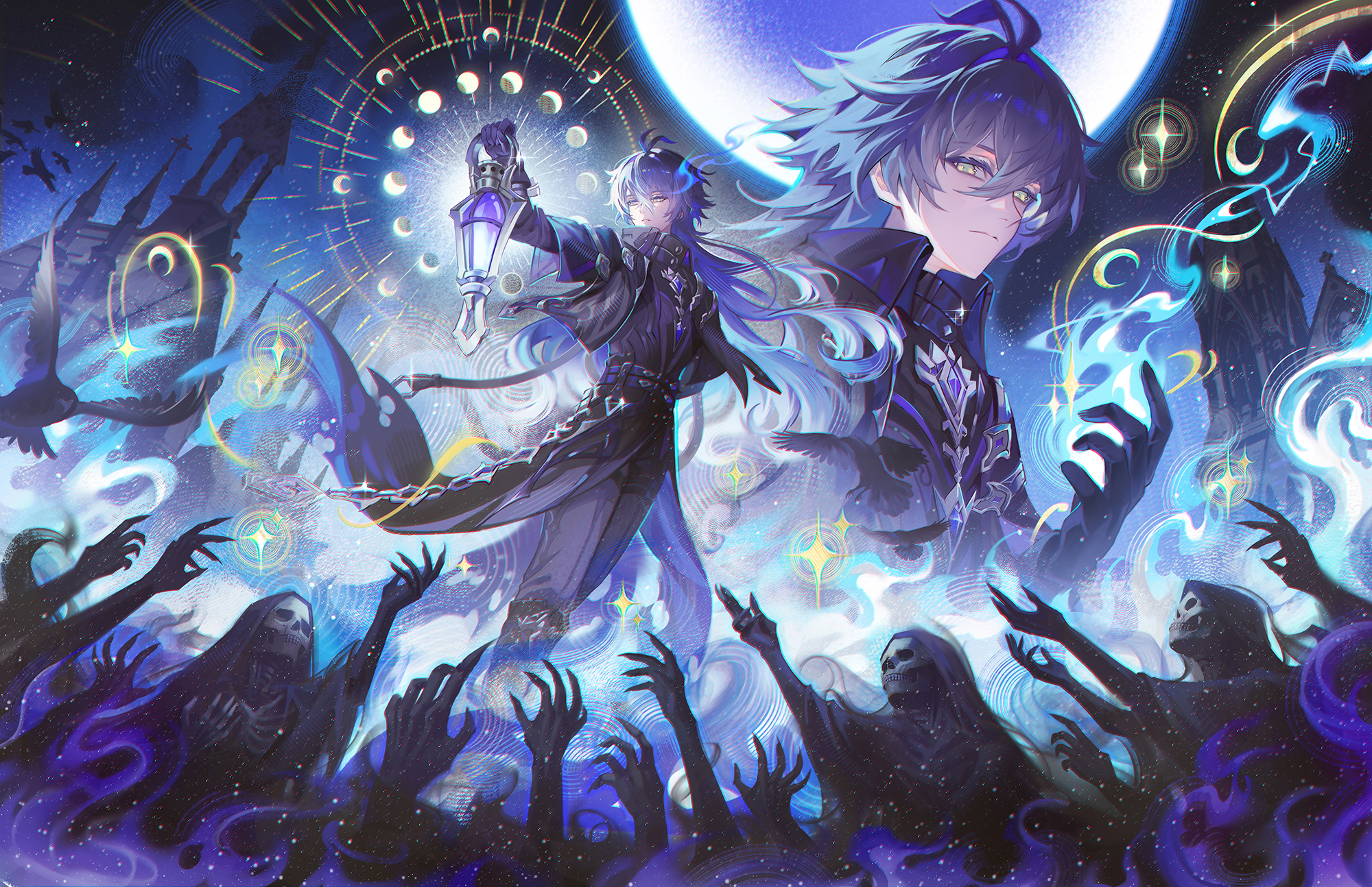 jessica wijaya, flins (genshin impact), genshin impact, highres, 1boy, antenna hair, bags under eyes, black gloves, blue fire, blue hair, closed mouth, coat, collared coat, fire, gloves, hair between eyes, holding, holding lantern, lantern, long hair, looking at viewer, male focus, multiple views, skeleton, yellow eyes