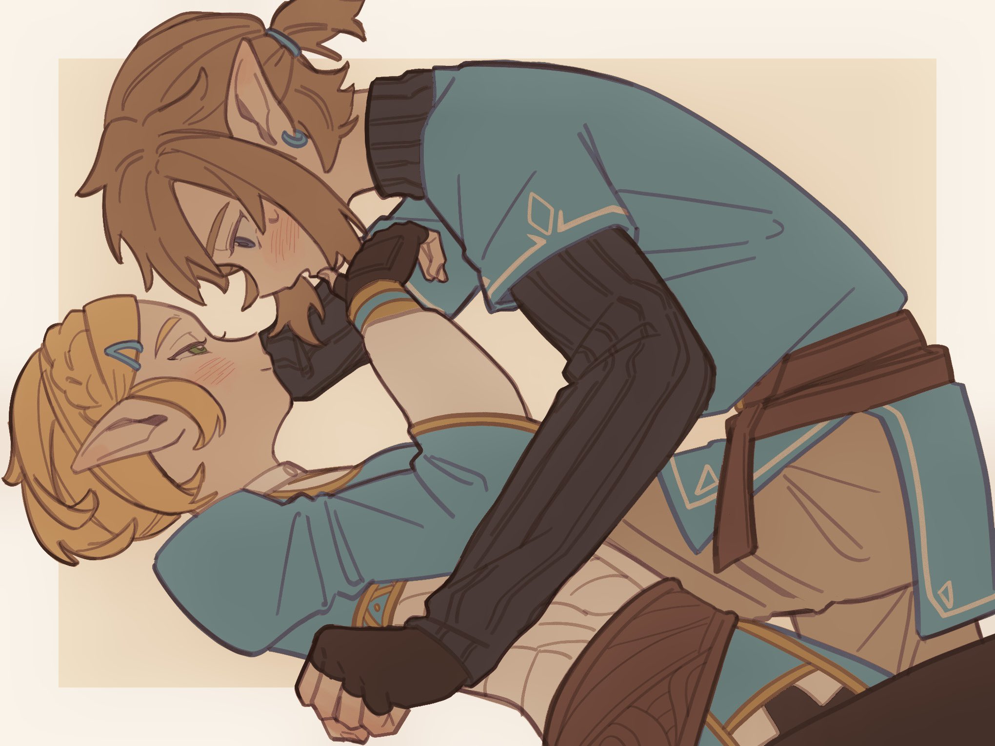 link, princess zelda, nintendo, the legend of zelda, the legend of zelda: breath of the wild, the legend of zelda: tears of the kingdom, highres, 1boy, 1girl, 2yang, black pants, black sweater, blonde hair, blue eyes, blue shirt, blue tunic, blush, border, braid, breasts, brown background, closed mouth, couple, crown braid, earrings, fingerless gloves, gloves, gold trim, green eyes, grey pants, hair ornament, hair tie, hairclip, half-closed eyes, hetero, jewelry, looking at another, medium breasts, medium hair, pants, parted bangs, parted lips, pointy ears, ponytail, shirt, short hair, short ponytail, sidelocks, sweatdrop, sweater, thumb to chin, tunic, turtleneck, turtleneck sweater, upper body, white border