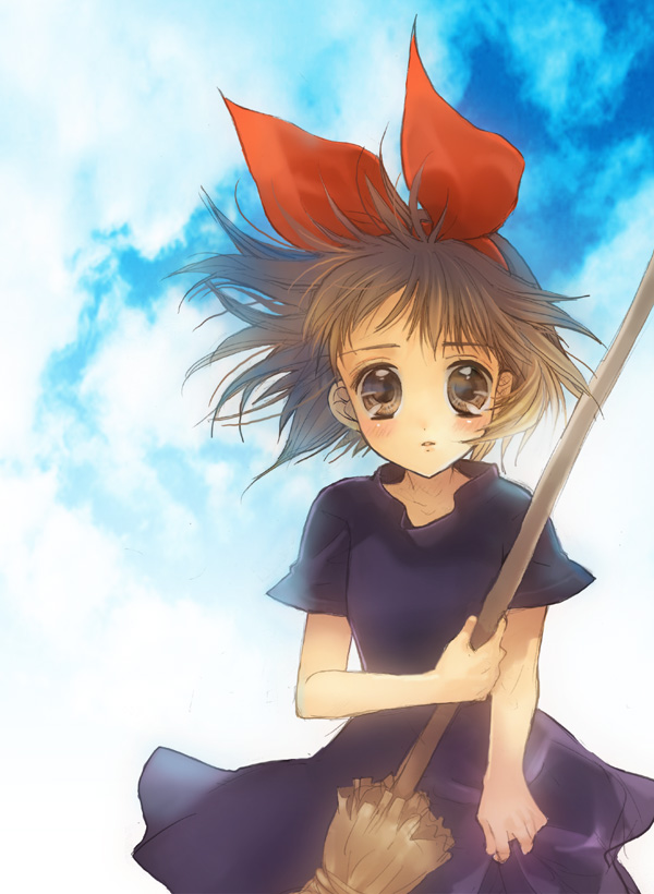 edoya pochi, inukkoro, kiki (majo no takkyuubin), majo no takkyuubin, studio ghibli, 1980s (style), bow, broom, brown eyes, brown hair, hair bow, oldschool, retro artstyle, short hair, solo, witch