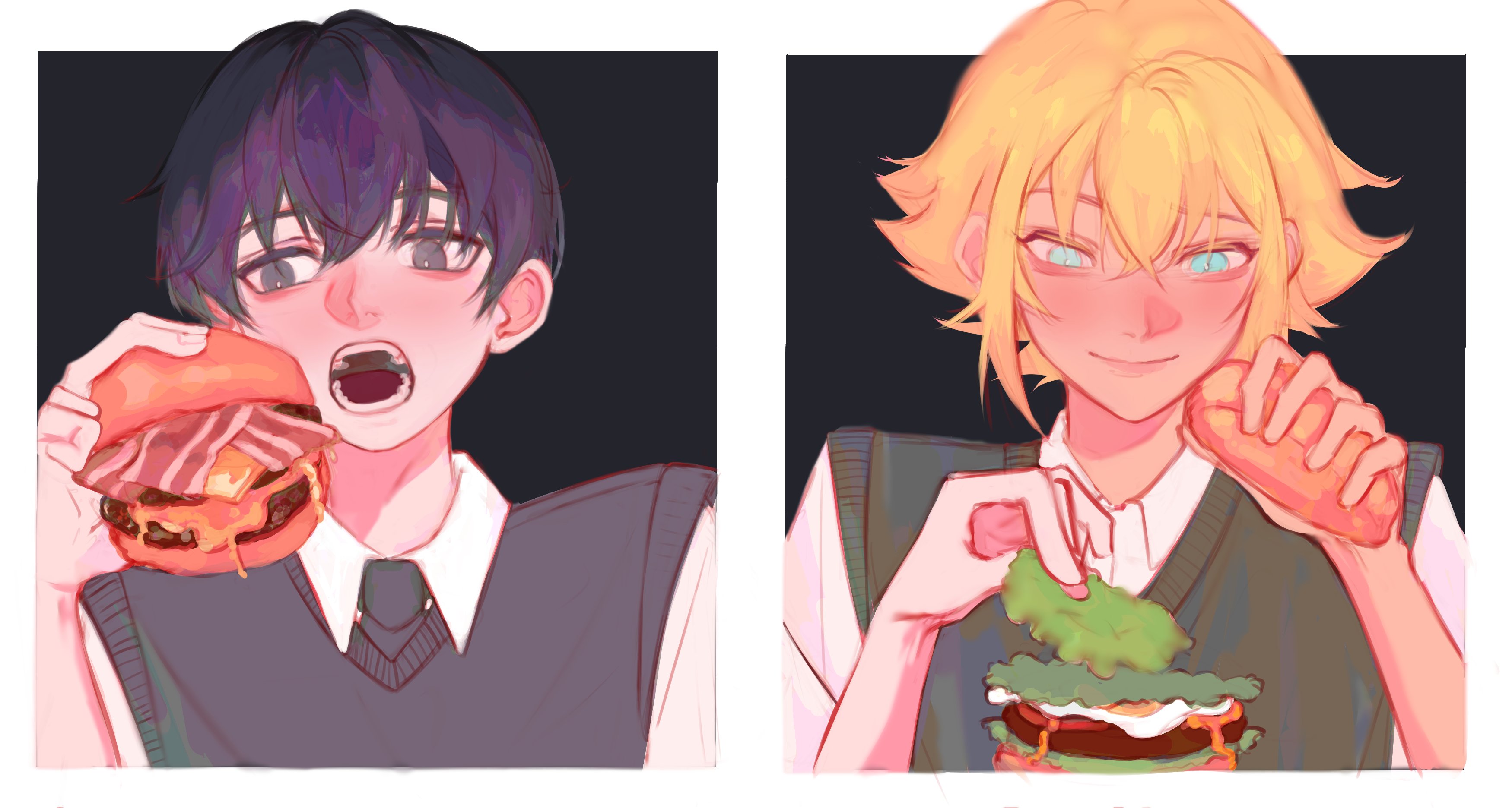 futo (tofuutoufofuto), basil (faraway) (omori), basil (omori), sunny (omori), omori, absurdres, commentary, english commentary, highres, 2boys, aegyo sal, bacon, black background, black eyes, black hair, black necktie, black sweater vest, blonde hair, blue eyes, border, bright pupils, burger, closed mouth, collared shirt, crossed bangs, double-parted bangs, eating, fingernails, flipped hair, food, green sweater vest, hair between eyes, holding, holding burger, holding food, lettuce, looking at food, male focus, multiple boys, necktie, open mouth, outside border, shirt, short hair, simple background, smile, sweater vest, teeth, very short hair, white border, white pupils, white shirt